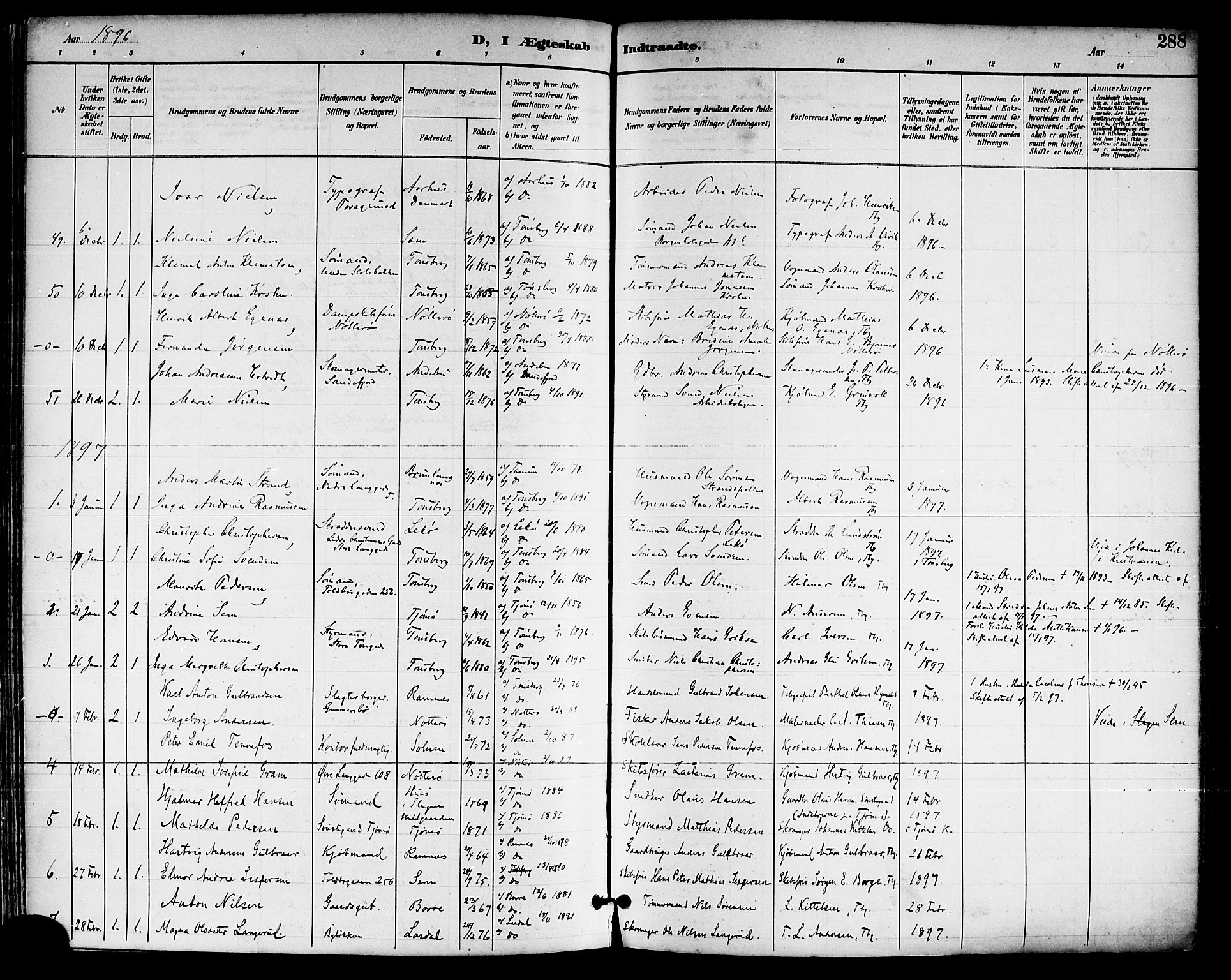 Tønsberg kirkebøker, SAKO/A-330/F/Fa/L0012: Parish register (official) no. I 12, 1891-1899, p. 288