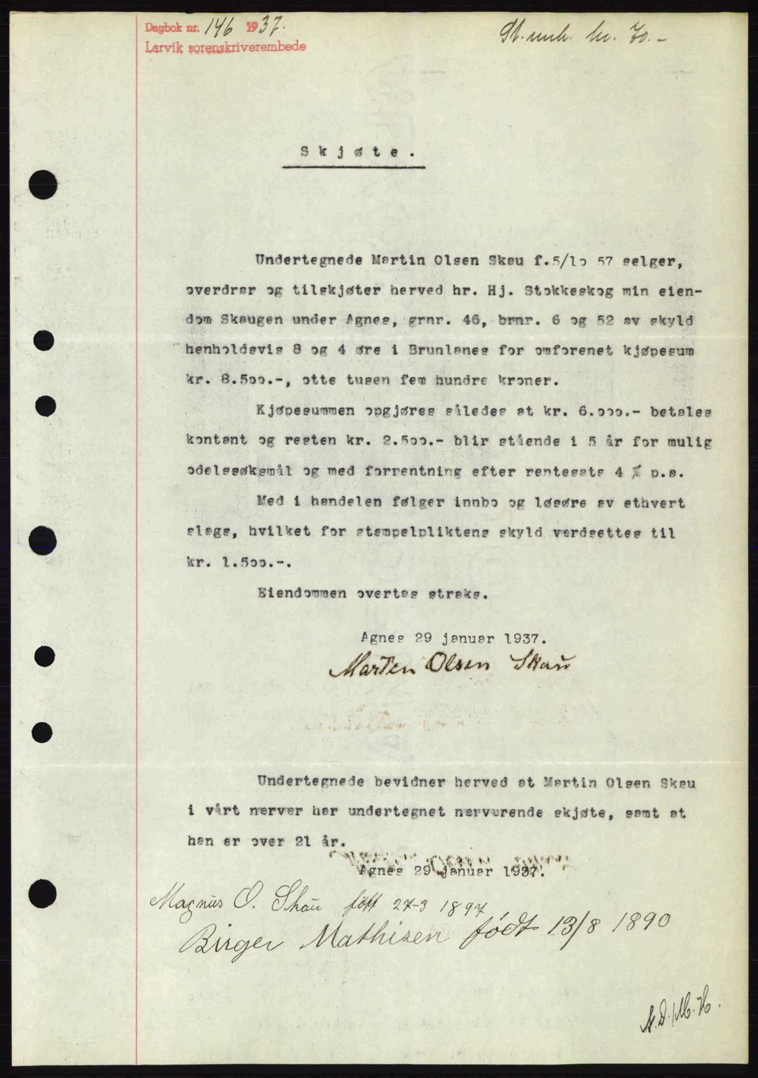 Larvik sorenskriveri, SAKO/A-83/G/Ga/Gab/L0067: Mortgage book no. A-1, 1936-1937, Diary no: : 146/1937