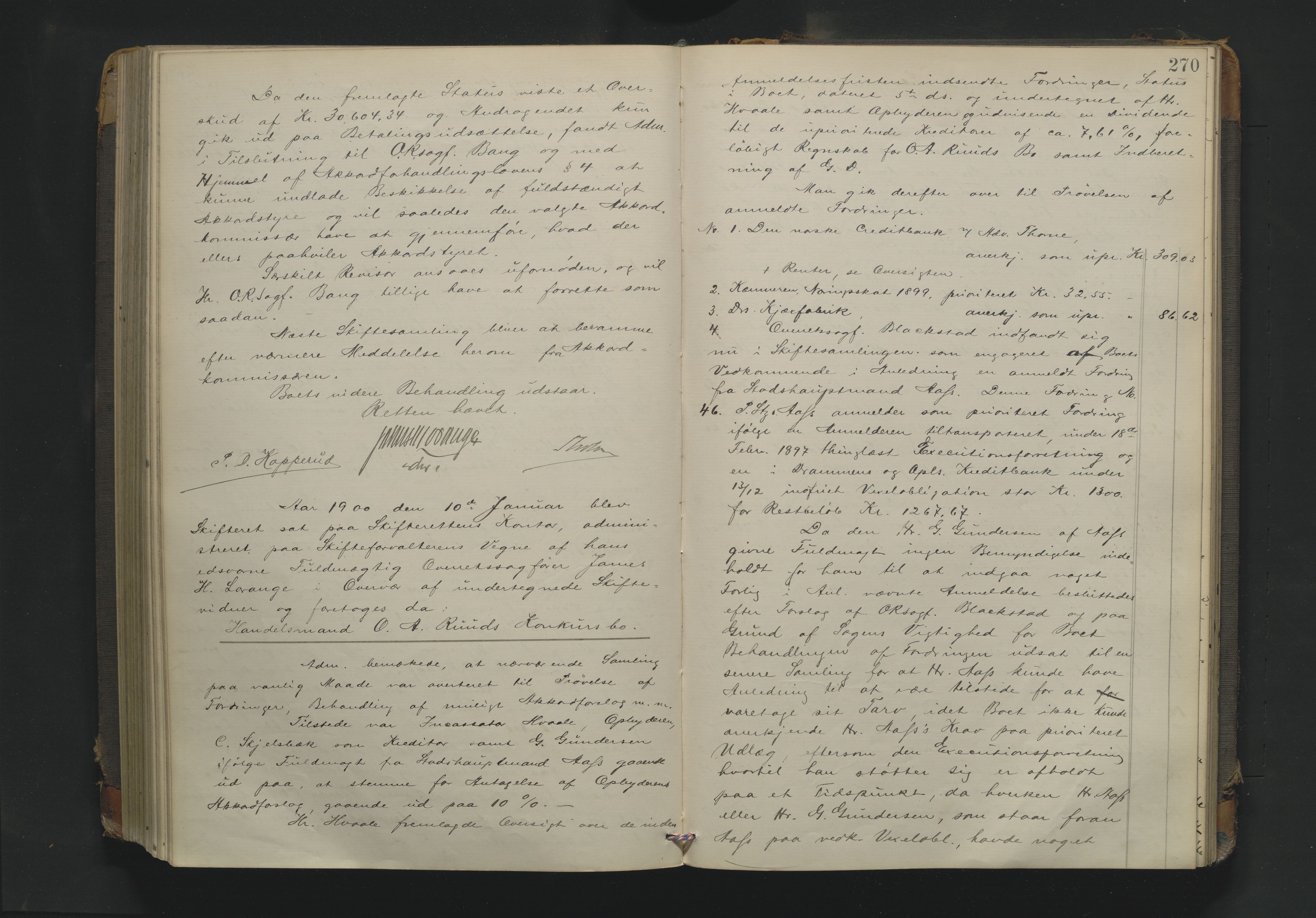 Drammen byfogd, AV/SAKO-A-222/H/Hb/Hbc/L0018: Skifteforhandlingsprotokoll. - Drammen., 1897-1900, p. 270