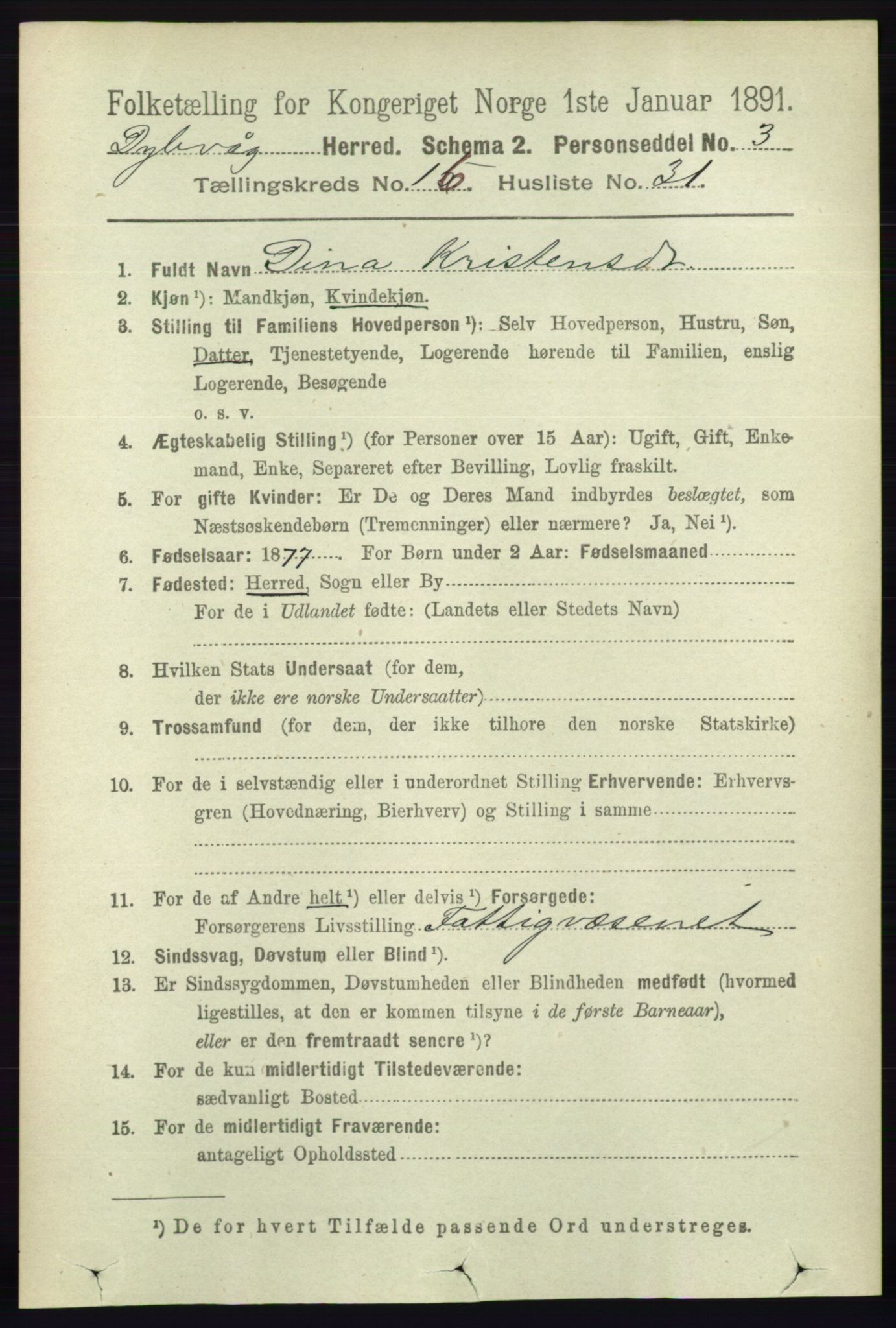 RA, 1891 census for 0915 Dypvåg, 1891, p. 6592