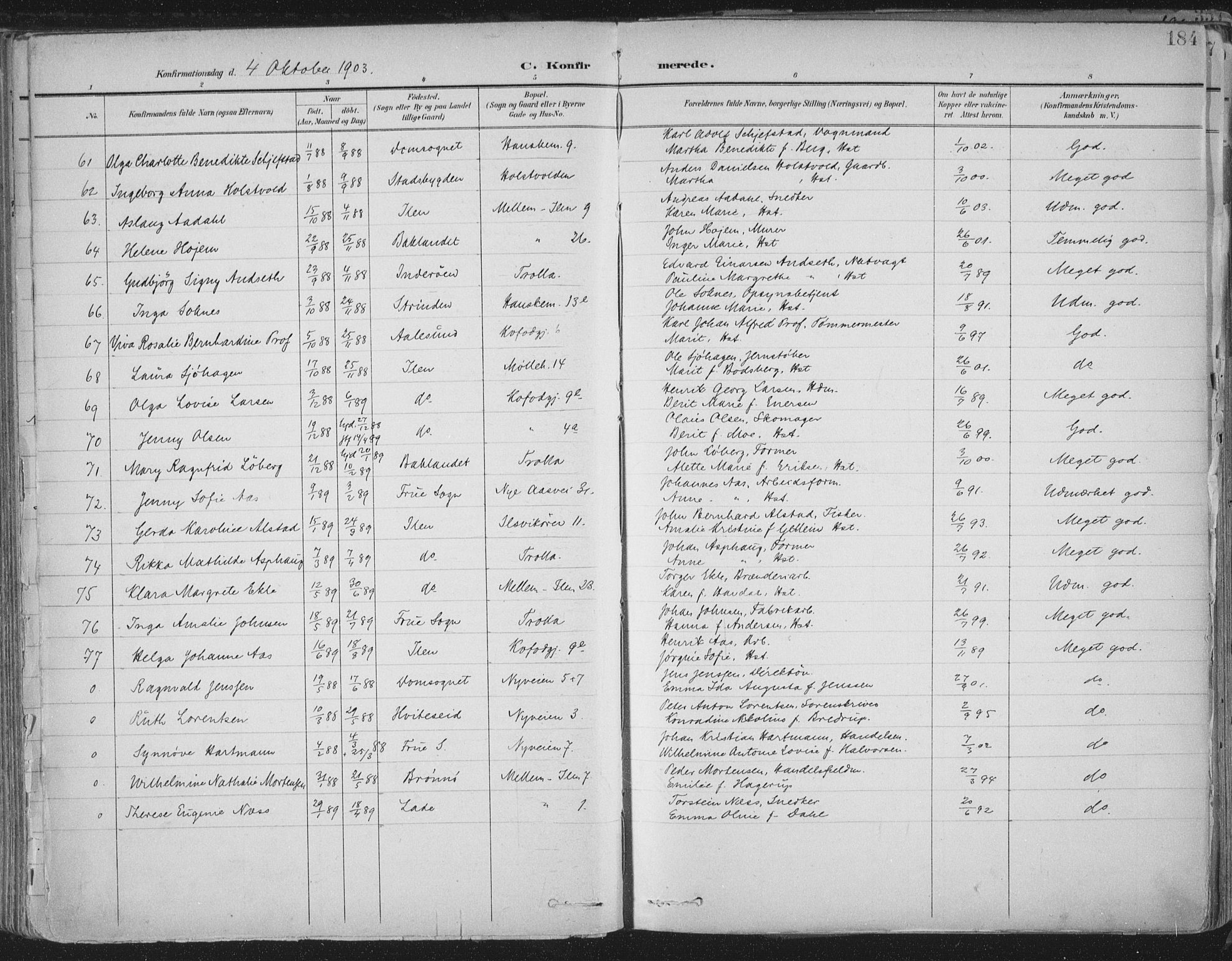 Ministerialprotokoller, klokkerbøker og fødselsregistre - Sør-Trøndelag, SAT/A-1456/603/L0167: Parish register (official) no. 603A06, 1896-1932, p. 184
