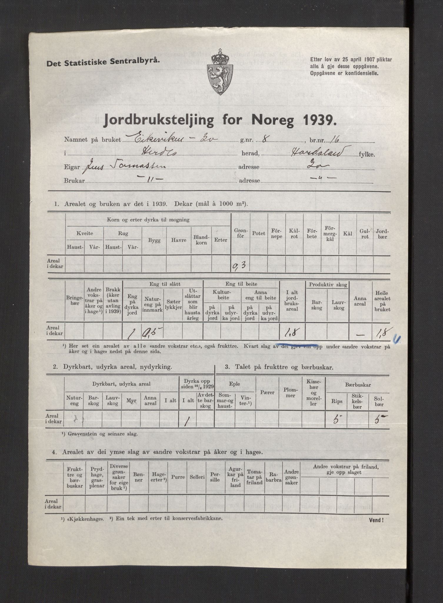 Statistisk sentralbyrå, Næringsøkonomiske emner, Jordbruk, skogbruk, jakt, fiske og fangst, AV/RA-S-2234/G/Gb/L0211: Hordaland: Herdla, Hjelme og Manger, 1939, p. 113