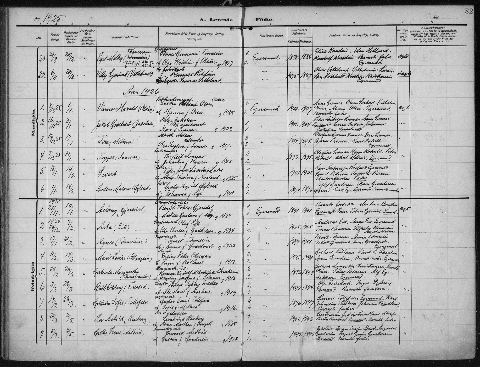 Eigersund sokneprestkontor, SAST/A-101807/S08/L0022: Parish register (official) no. A 21, 1905-1928, p. 82