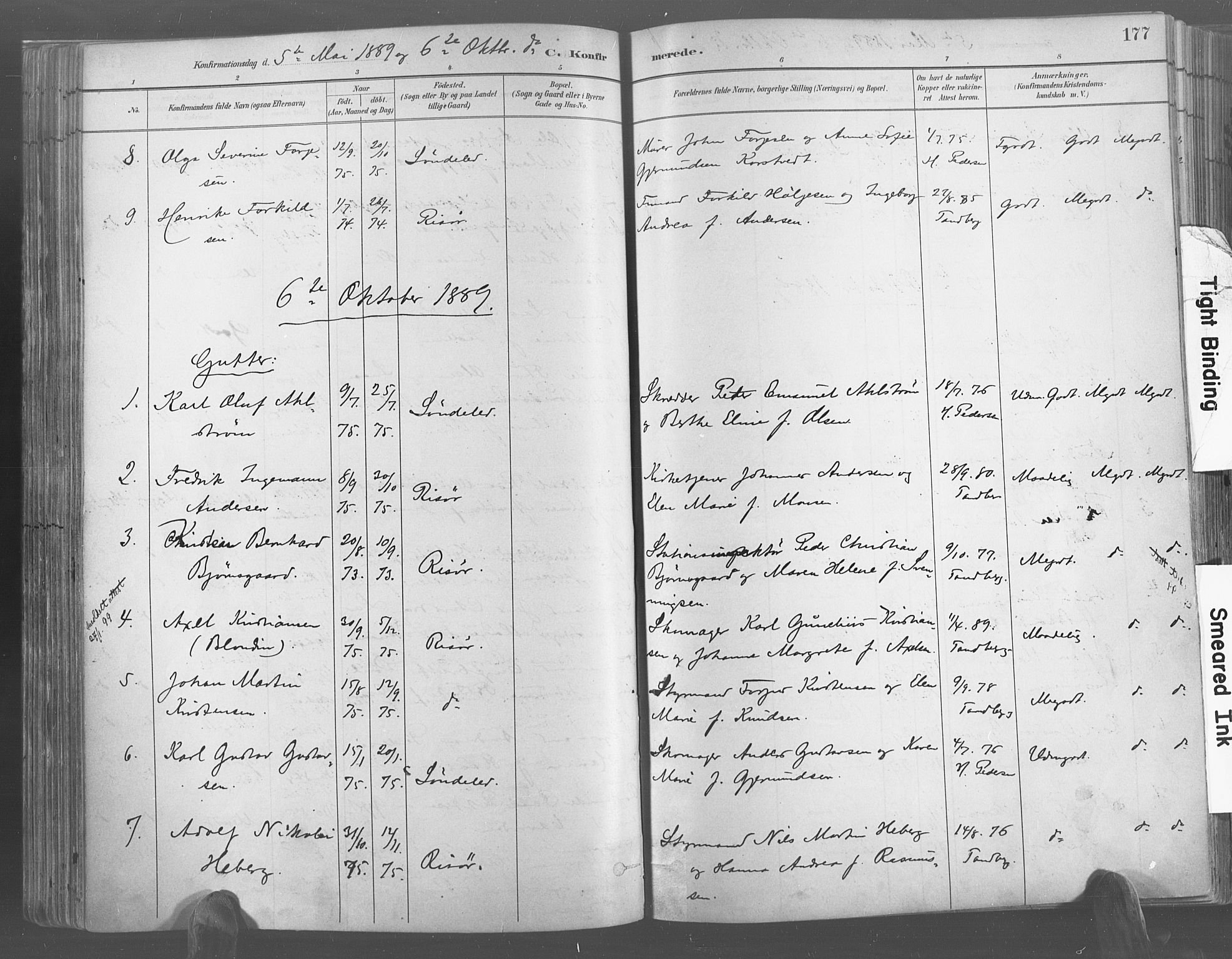 Risør sokneprestkontor, AV/SAK-1111-0035/F/Fa/L0005: Parish register (official) no. A 5, 1883-1895, p. 177