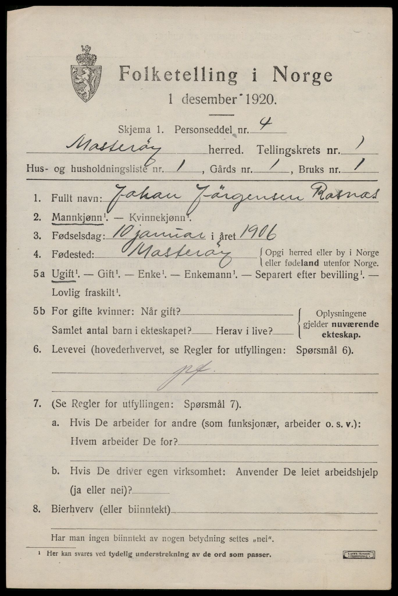 SAST, 1920 census for Mosterøy, 1920, p. 534