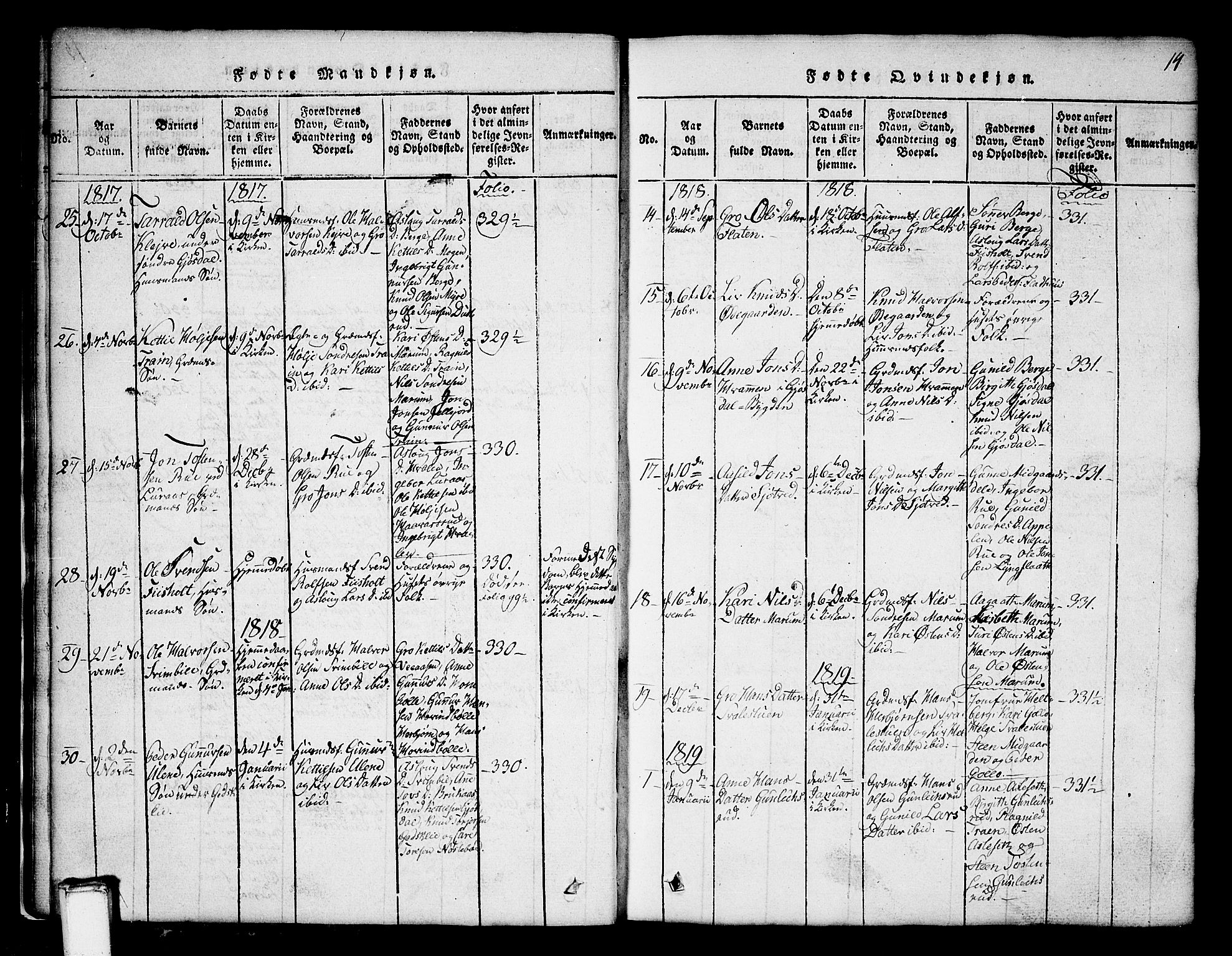 Tinn kirkebøker, SAKO/A-308/G/Ga/L0001: Parish register (copy) no. I 1, 1815-1850, p. 14