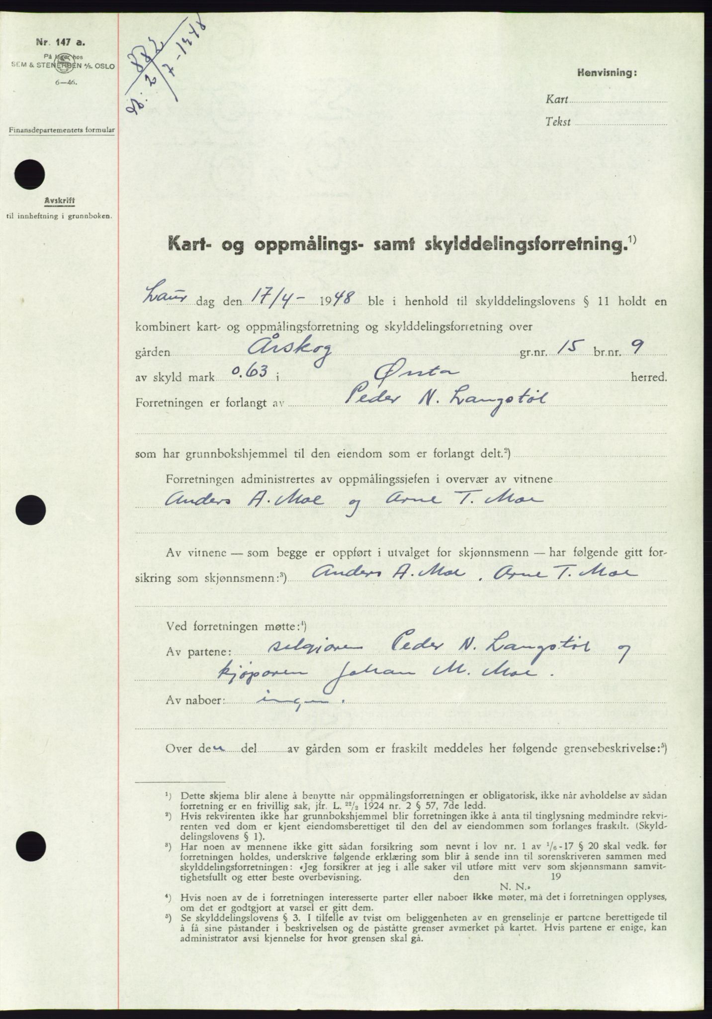 Søre Sunnmøre sorenskriveri, AV/SAT-A-4122/1/2/2C/L0082: Mortgage book no. 8A, 1948-1948, Diary no: : 882/1948