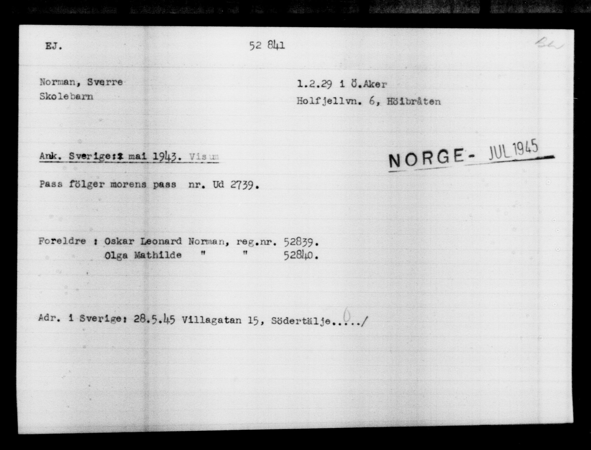 Utenriksstasjonene, Legasjonen i Stockholm, Flyktningkontoret, AV/RA-S-6753/V/Va/L0019: Kjesäterkartoteket, flyktninger med registreringsnr. 49600-55060, 1940-1945, p. 2311