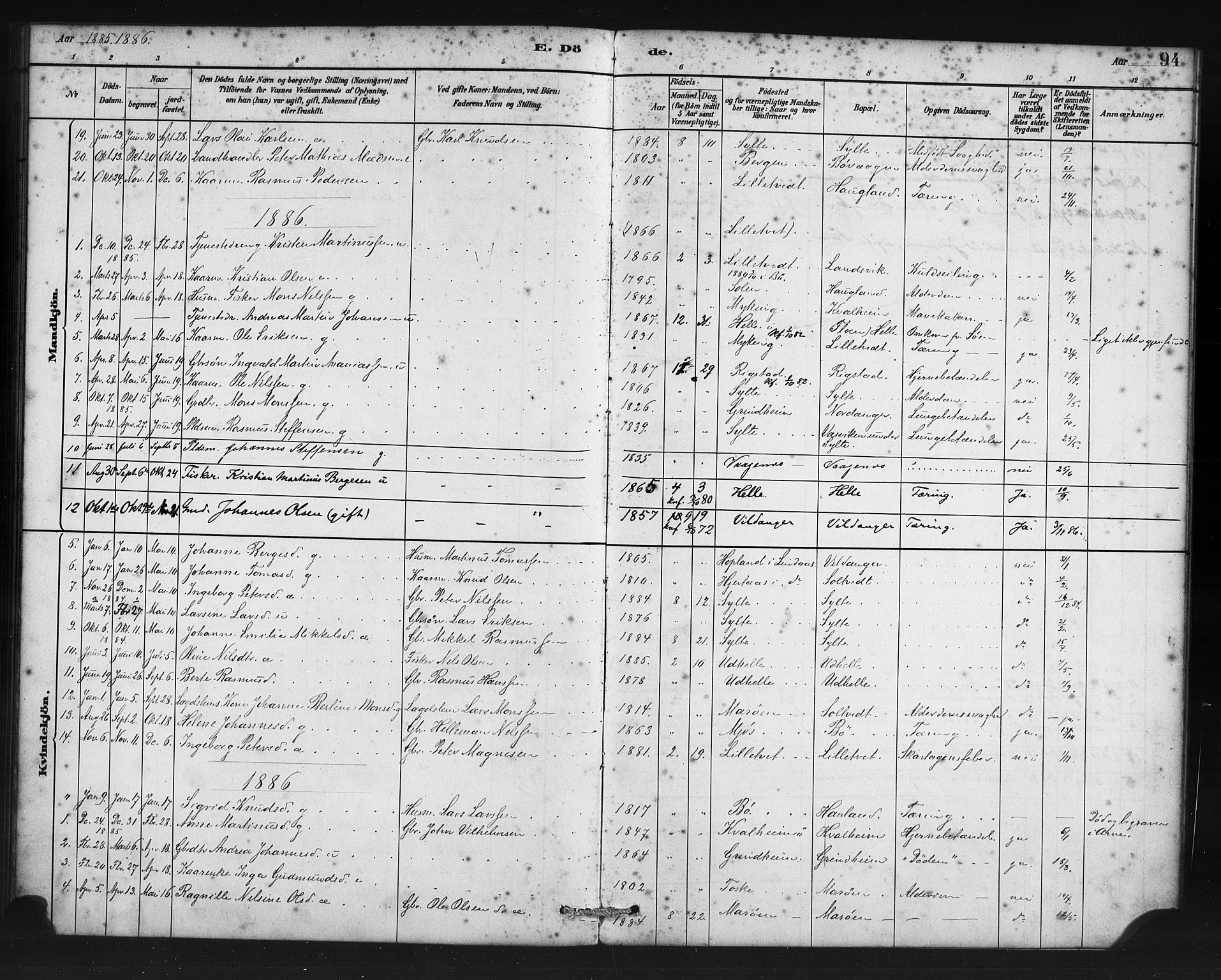 Manger sokneprestembete, SAB/A-76801/H/Haa: Parish register (official) no. C 1, 1881-1890, p. 94