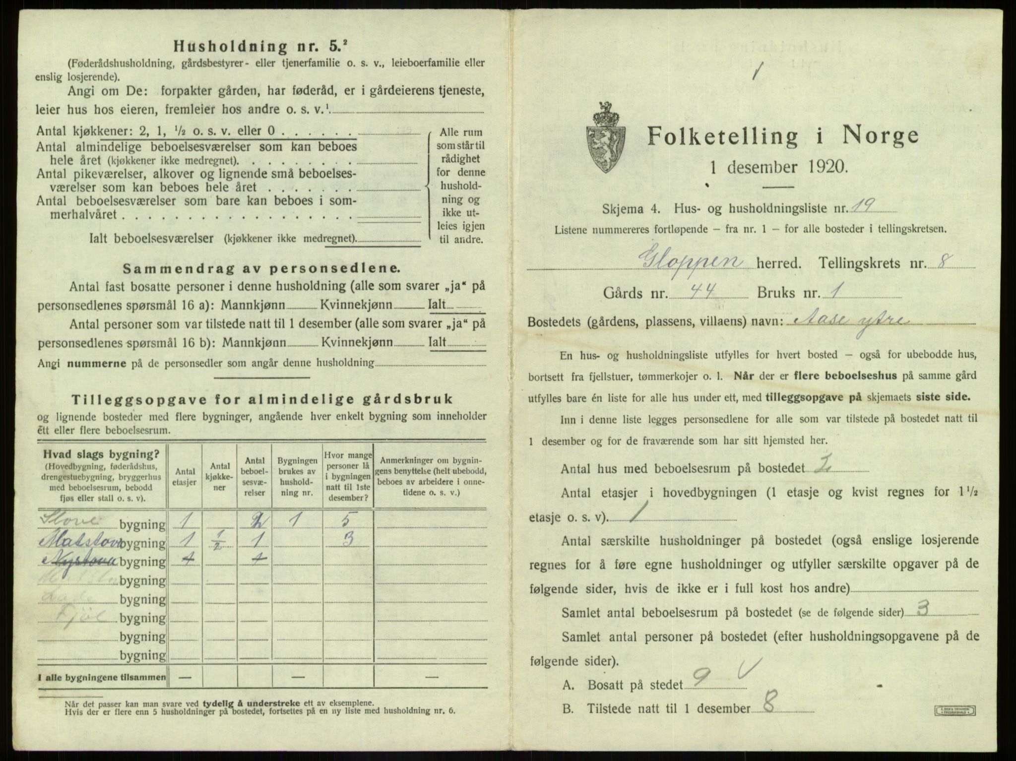 SAB, 1920 census for Gloppen, 1920, p. 606