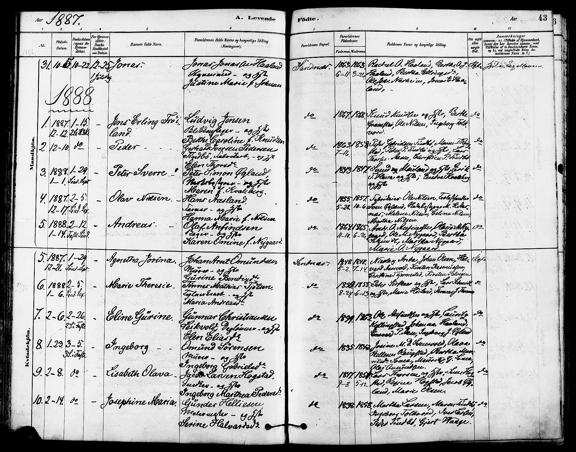 Høyland sokneprestkontor, SAST/A-101799/001/30BA/L0012: Parish register (official) no. A 11, 1878-1889, p. 43