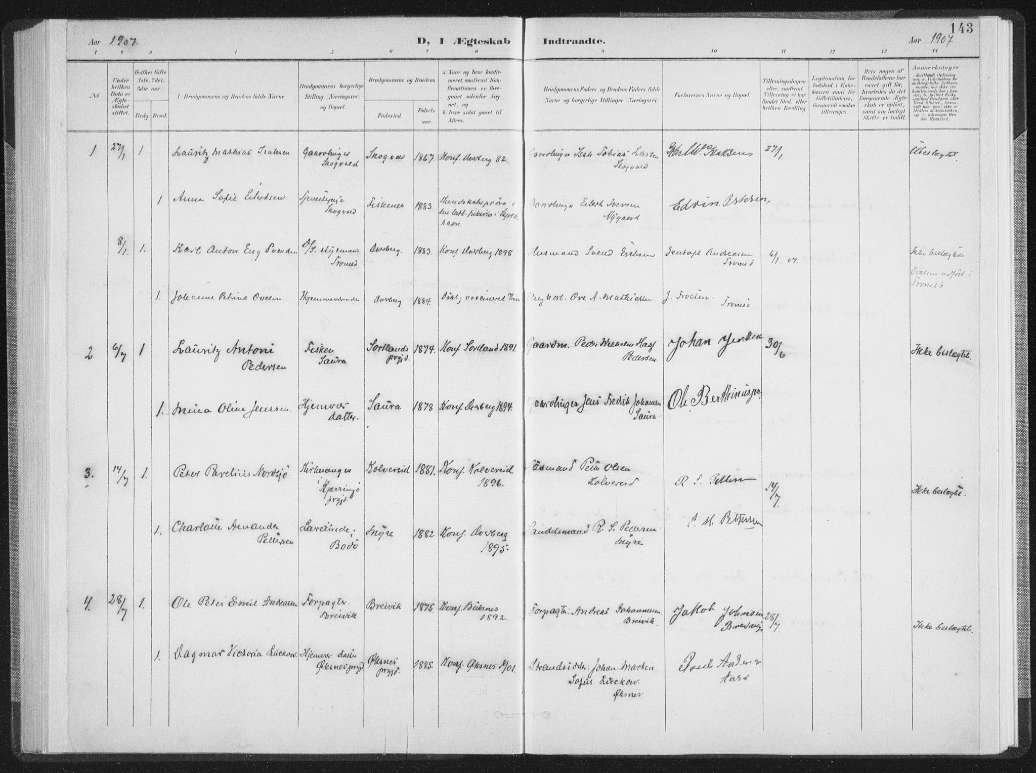 Ministerialprotokoller, klokkerbøker og fødselsregistre - Nordland, SAT/A-1459/897/L1400: Parish register (official) no. 897A07, 1897-1908, p. 143