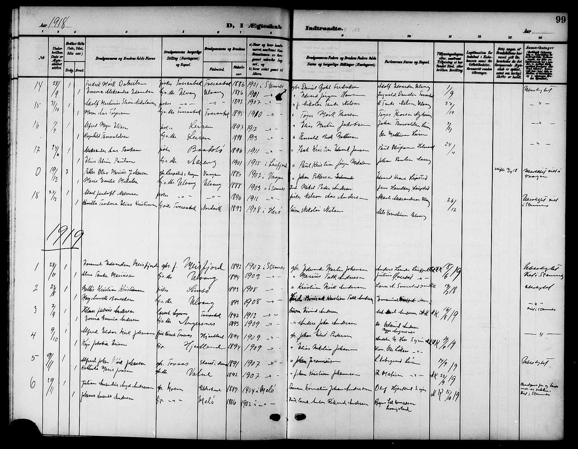 Ministerialprotokoller, klokkerbøker og fødselsregistre - Nordland, SAT/A-1459/832/L0494: Parish register (copy) no. 832C01, 1906-1922, p. 99