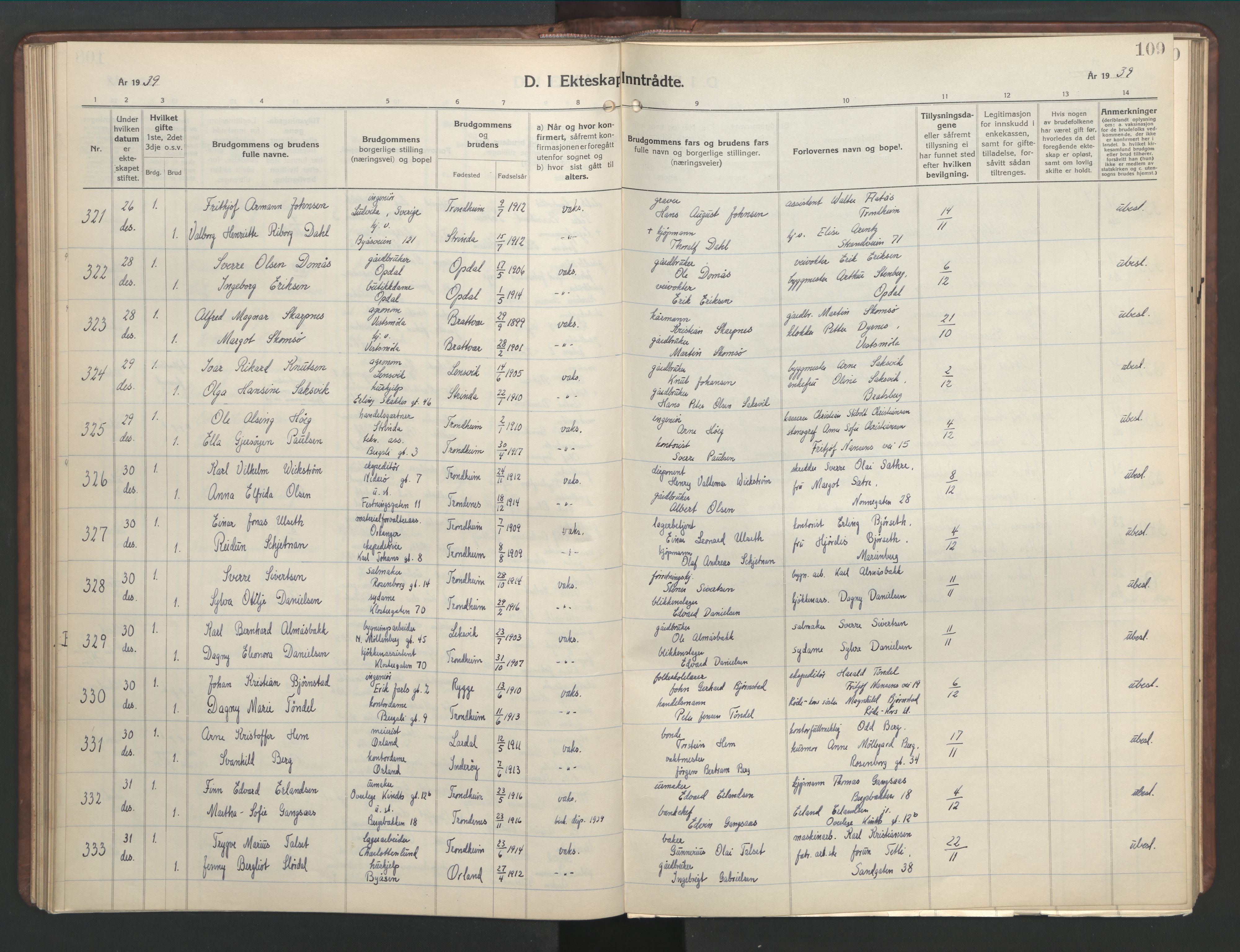 Ministerialprotokoller, klokkerbøker og fødselsregistre - Sør-Trøndelag, AV/SAT-A-1456/601/L0101: Parish register (copy) no. 601C19, 1935-1946, p. 109