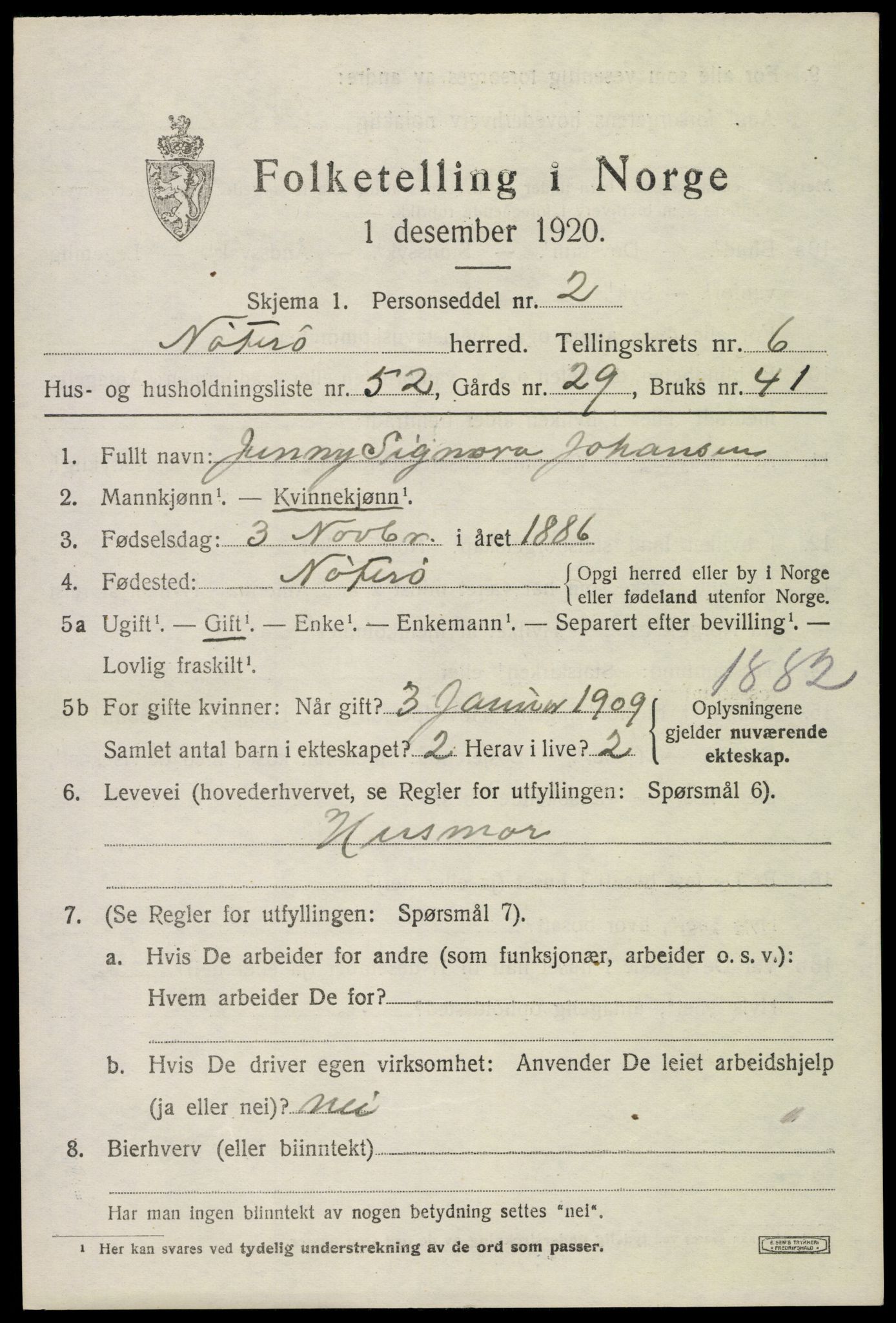 SAKO, 1920 census for Nøtterøy, 1920, p. 8845