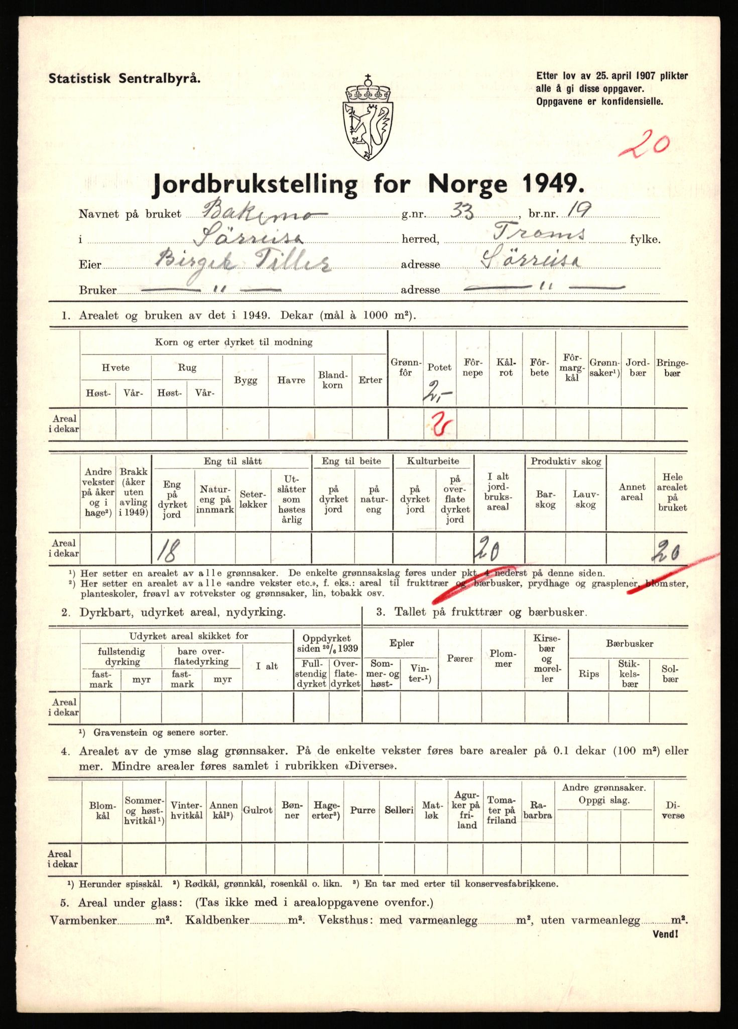 Statistisk sentralbyrå, Næringsøkonomiske emner, Jordbruk, skogbruk, jakt, fiske og fangst, AV/RA-S-2234/G/Gc/L0440: Troms: Sørreisa og Dyrøy, 1949, p. 181