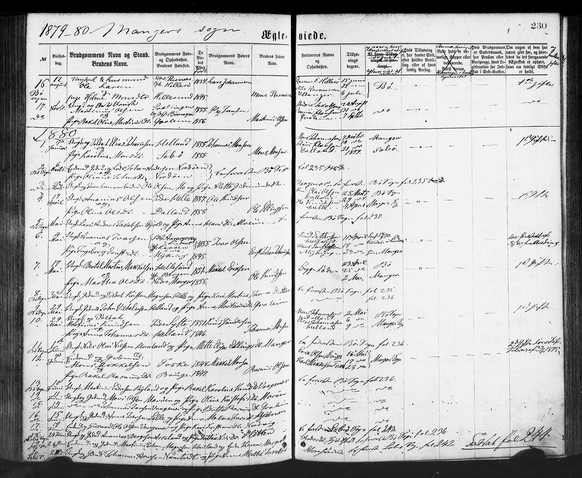 Manger sokneprestembete, SAB/A-76801/H/Haa: Parish register (official) no. A 8, 1871-1880, p. 230