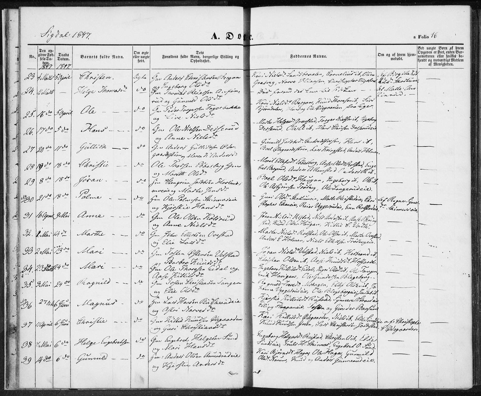 Sigdal kirkebøker, AV/SAKO-A-245/F/Fa/L0007: Parish register (official) no. I 7, 1844-1849, p. 16