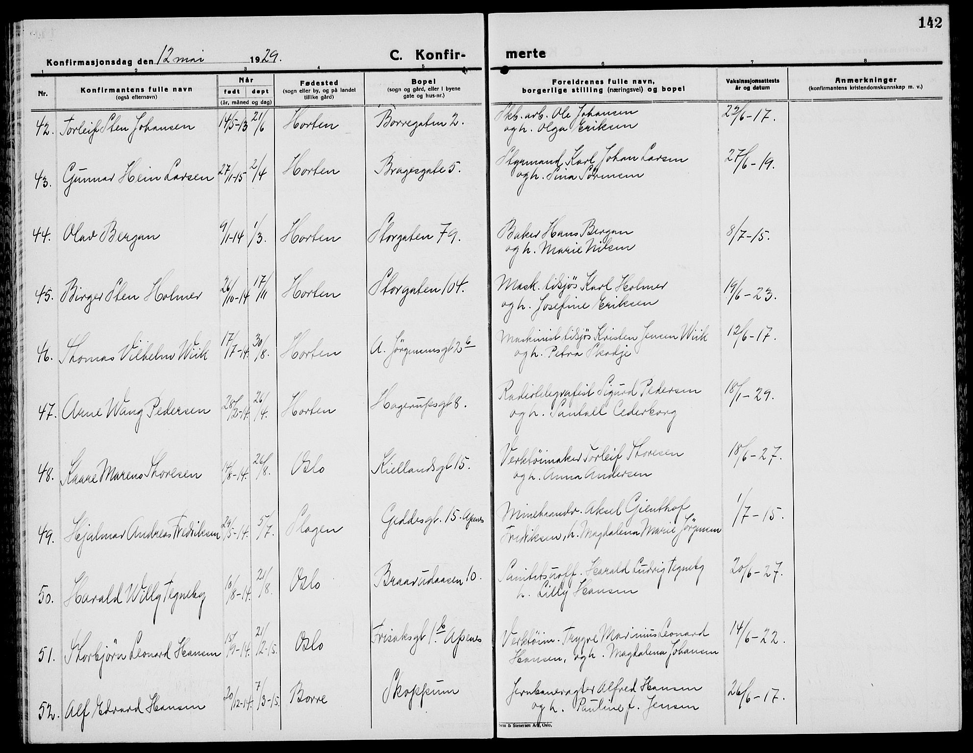 Horten kirkebøker, AV/SAKO-A-348/G/Ga/L0009: Parish register (copy) no. 9, 1926-1936, p. 142