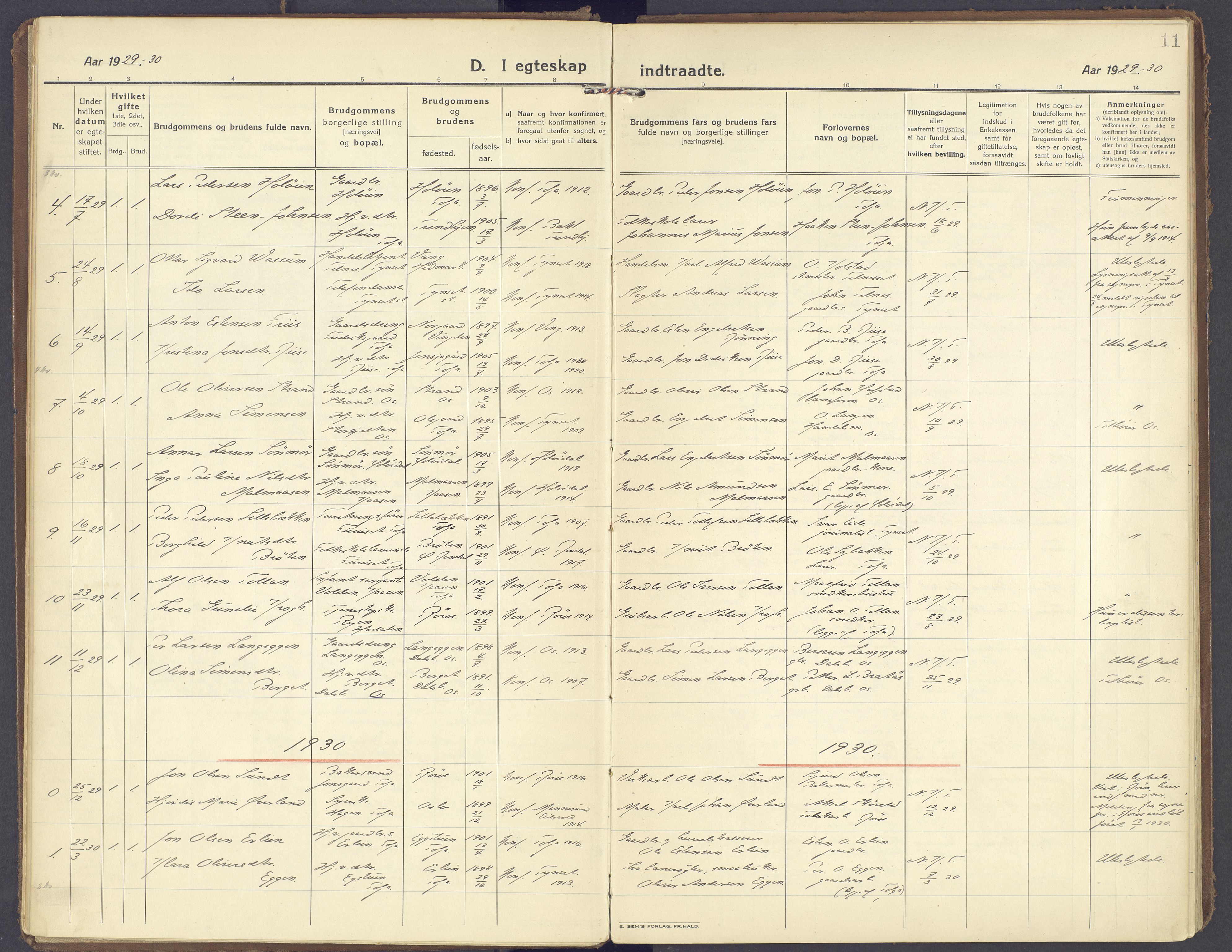 Tolga prestekontor, AV/SAH-PREST-062/K/L0019: Parish register (official) no. 19, 1921-1974, p. 11