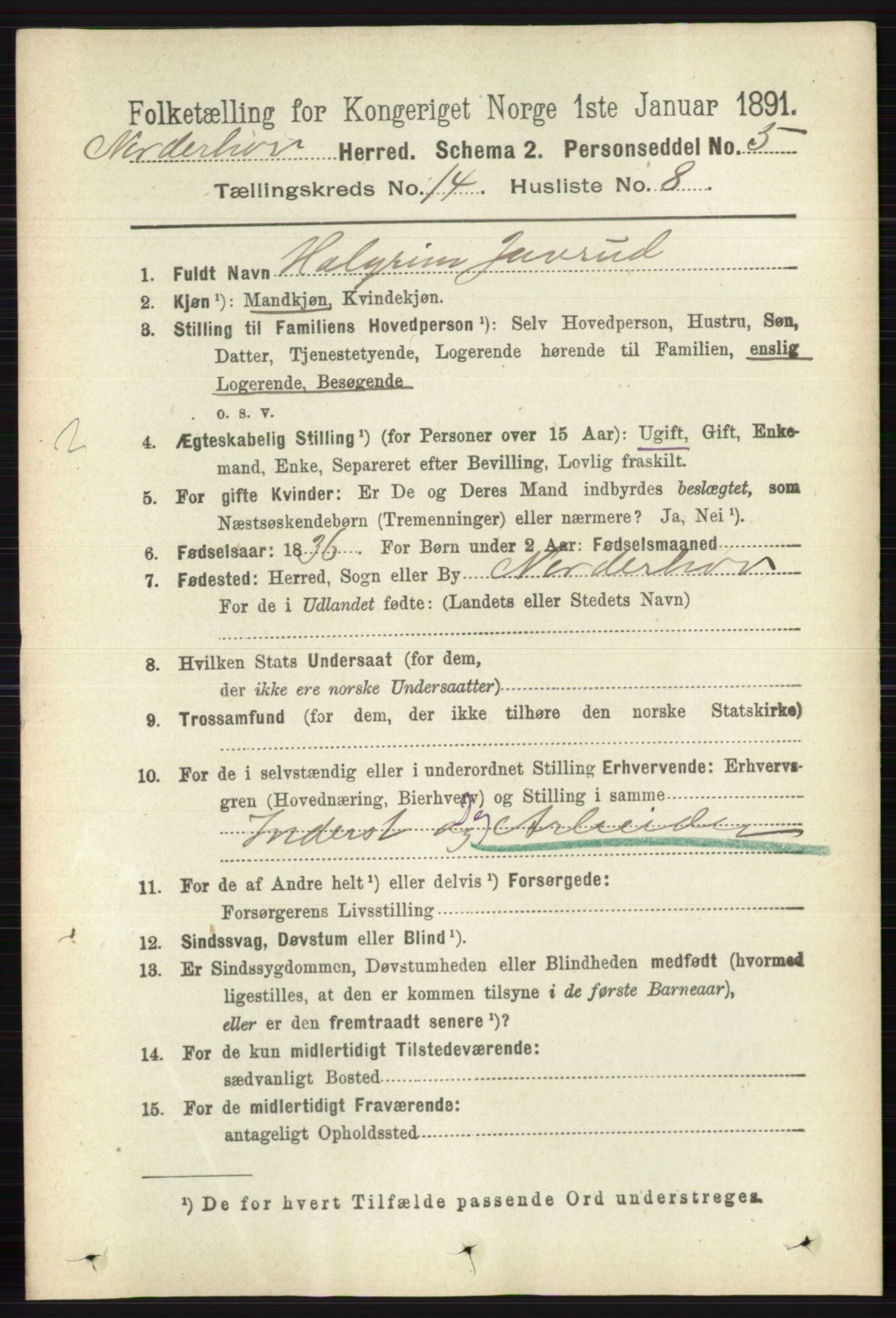 RA, 1891 census for 0613 Norderhov, 1891, p. 9374