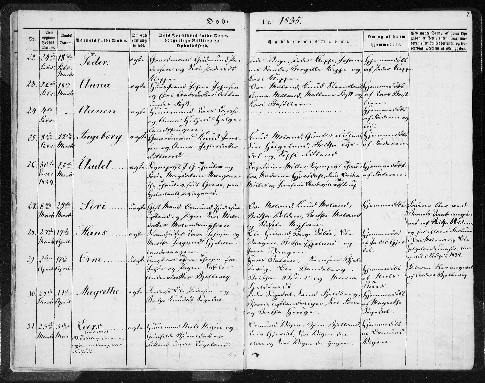 Hjelmeland sokneprestkontor, AV/SAST-A-101843/01/IV/L0006: Parish register (official) no. A 6, 1834-1845, p. 7