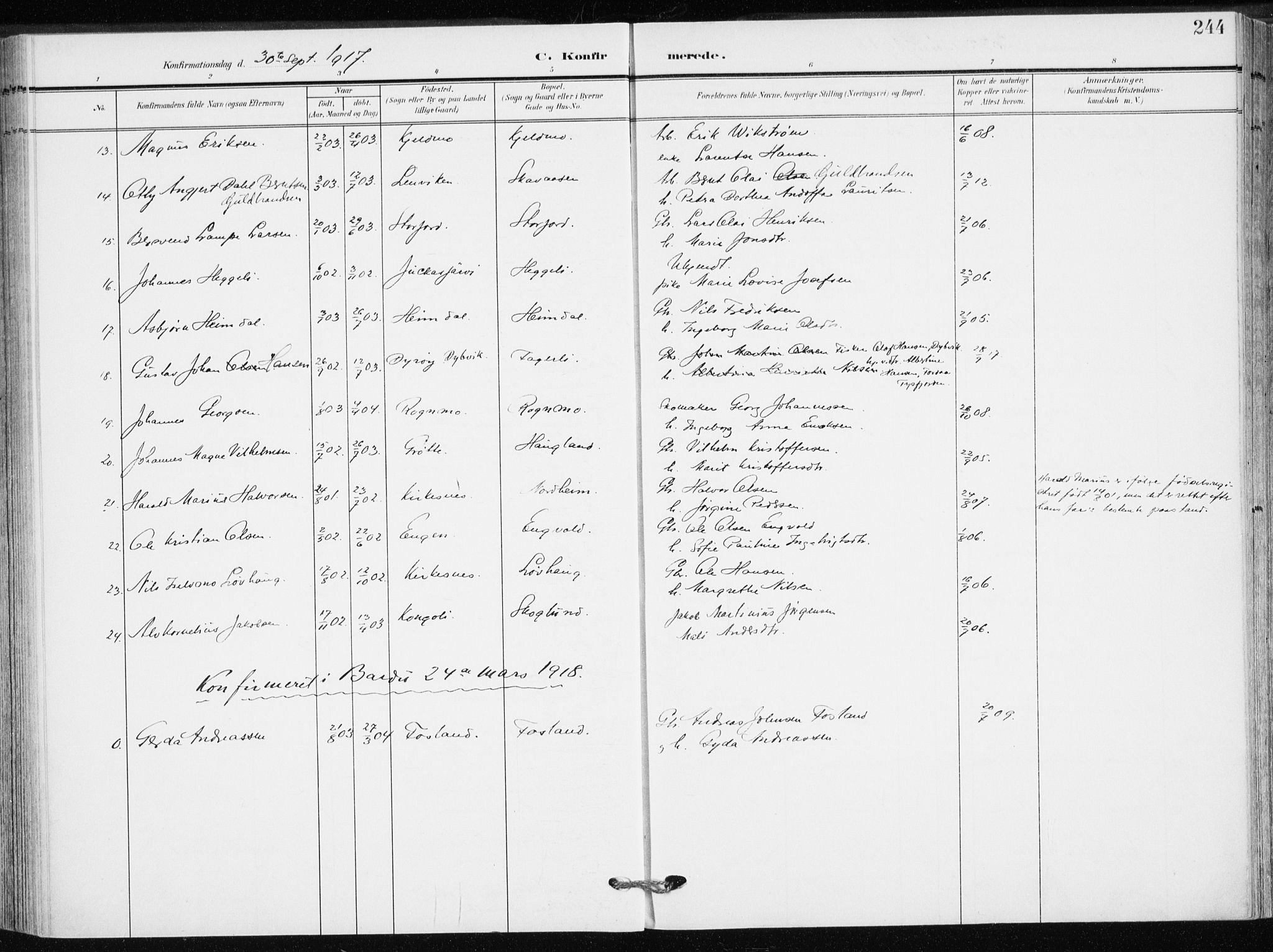 Målselv sokneprestembete, AV/SATØ-S-1311/G/Ga/Gaa/L0011kirke: Parish register (official) no. 11, 1904-1918, p. 244