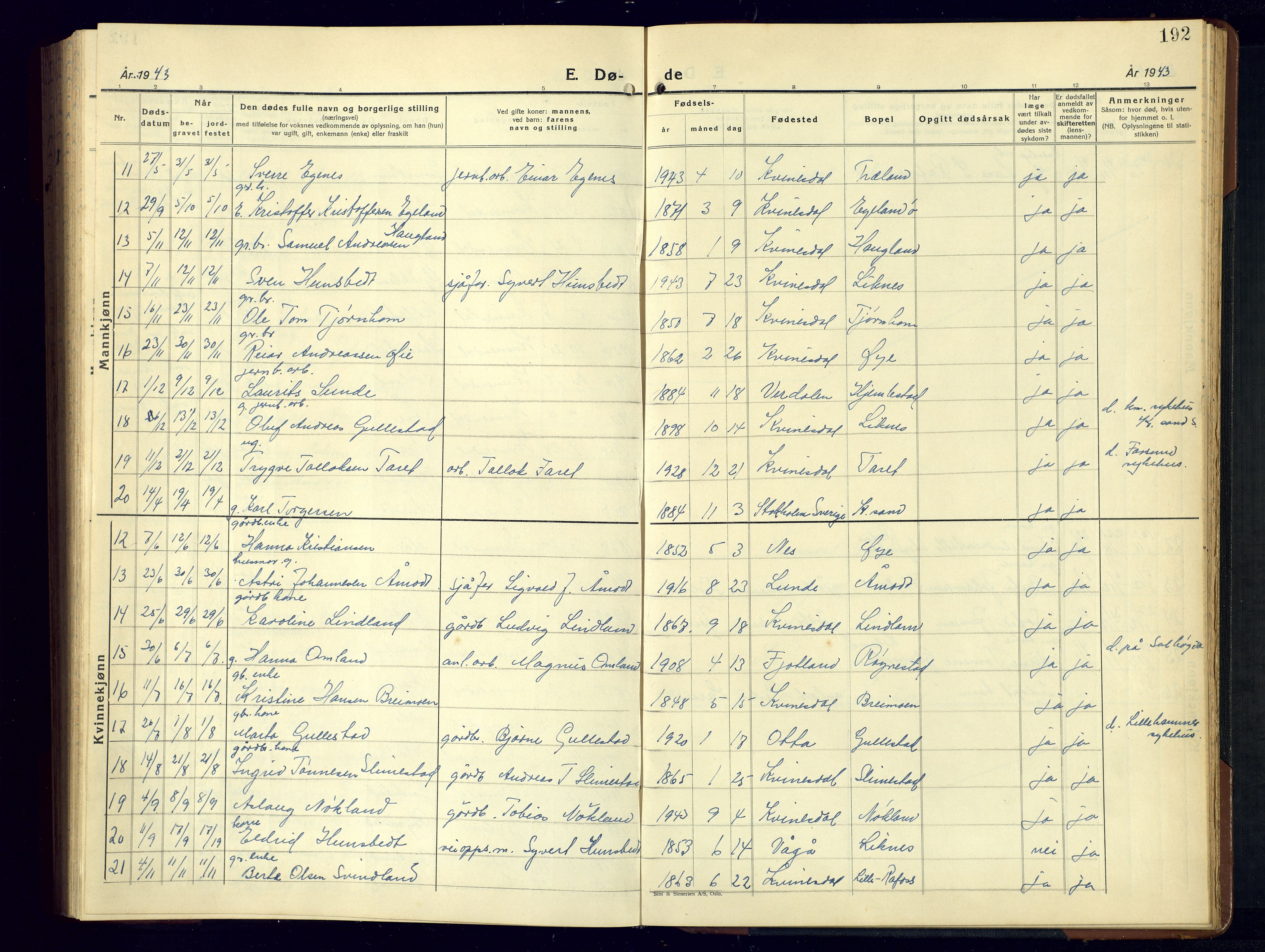 Kvinesdal sokneprestkontor, AV/SAK-1111-0026/F/Fb/Fbb/L0005: Parish register (copy) no. B 5, 1939-1956, p. 192