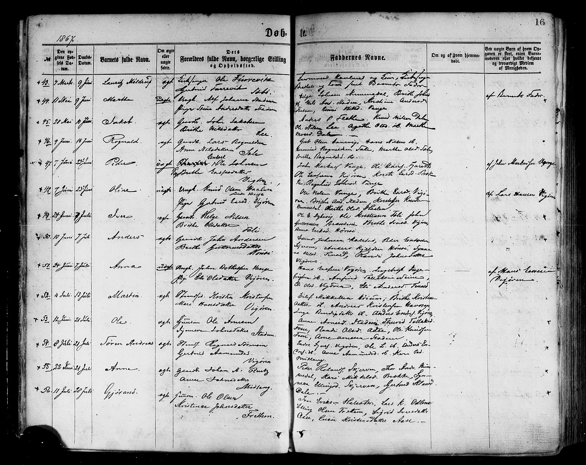 Vik sokneprestembete, SAB/A-81501: Parish register (official) no. A 9, 1866-1877, p. 16