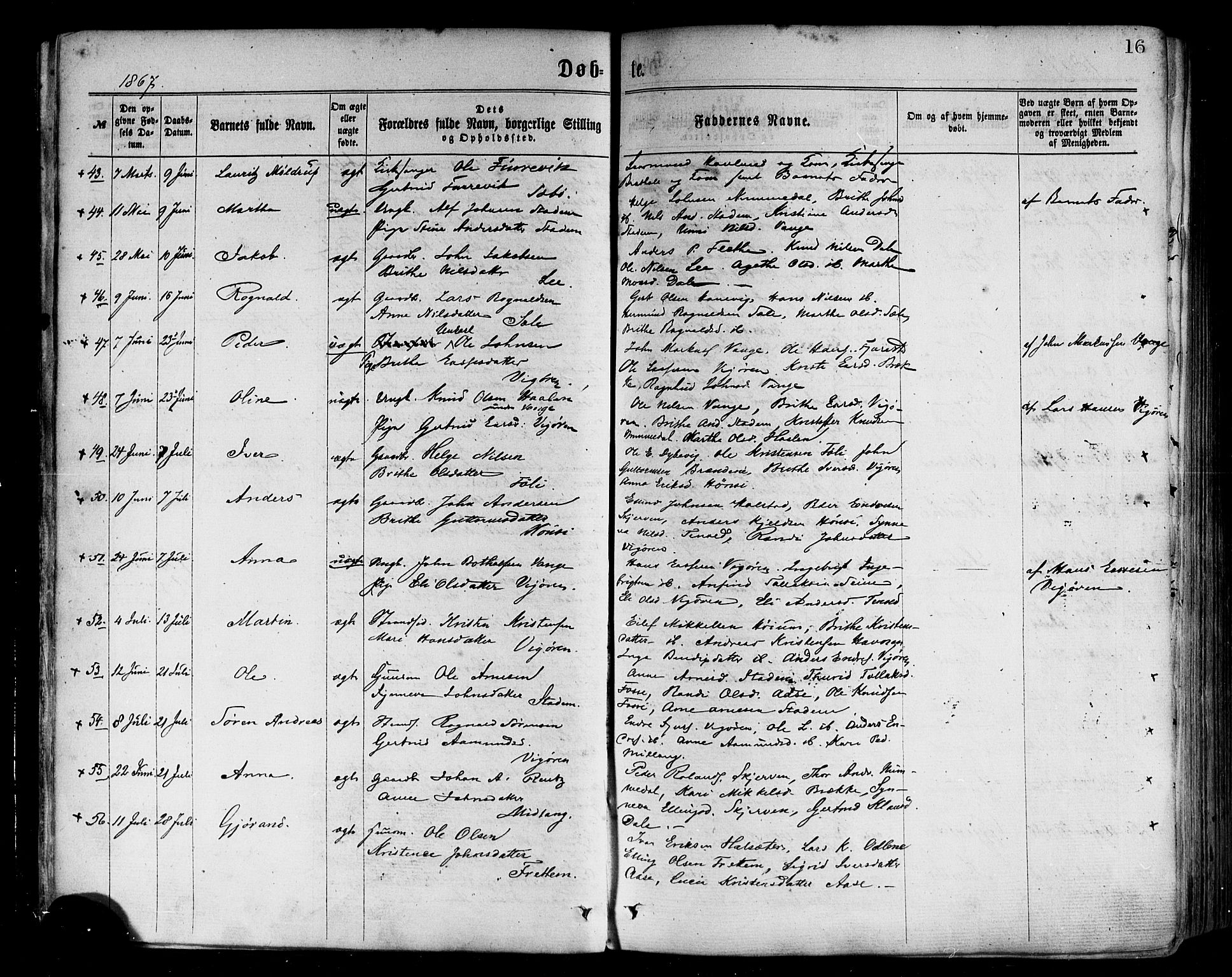 Vik sokneprestembete, AV/SAB-A-81501/H/Haa/Haaa/L0009: Parish register (official) no. A 9, 1866-1877, p. 16