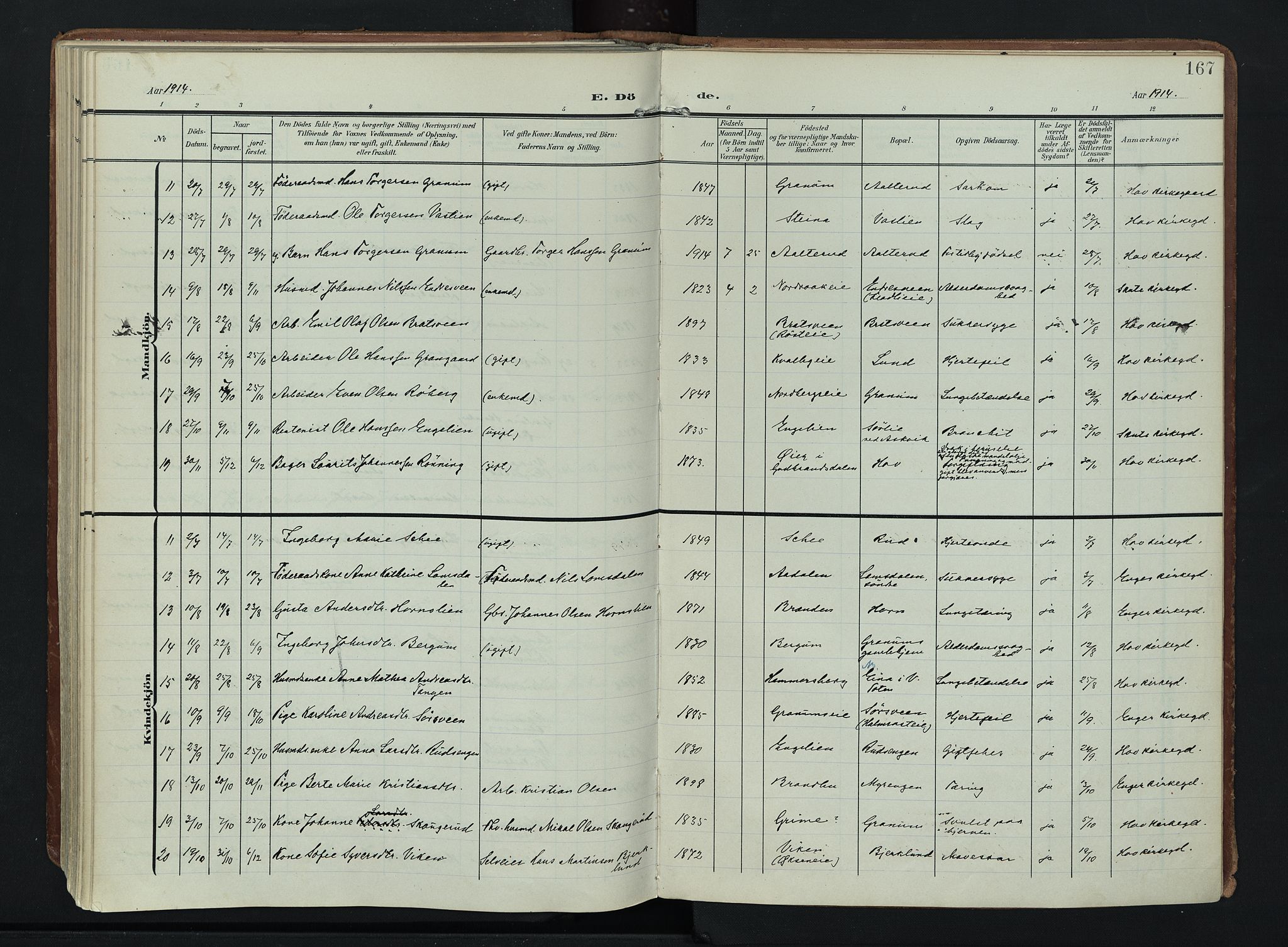 Søndre Land prestekontor, AV/SAH-PREST-122/K/L0007: Parish register (official) no. 7, 1905-1914, p. 167