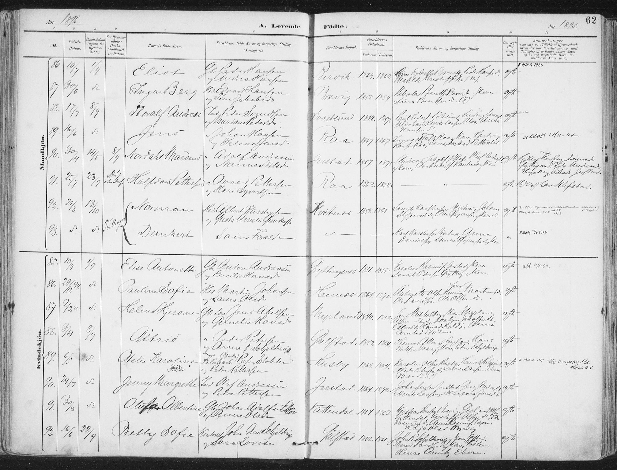 Ministerialprotokoller, klokkerbøker og fødselsregistre - Nordland, AV/SAT-A-1459/888/L1246: Parish register (official) no. 888A12, 1891-1903, p. 62