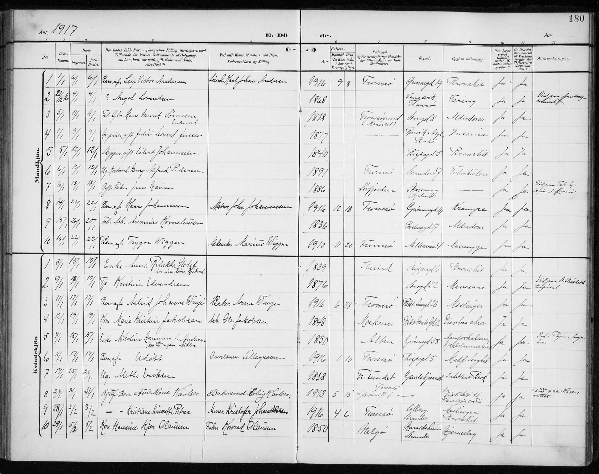 Tromsø sokneprestkontor/stiftsprosti/domprosti, SATØ/S-1343/G/Ga/L0018kirke: Parish register (official) no. 18, 1907-1917, p. 180