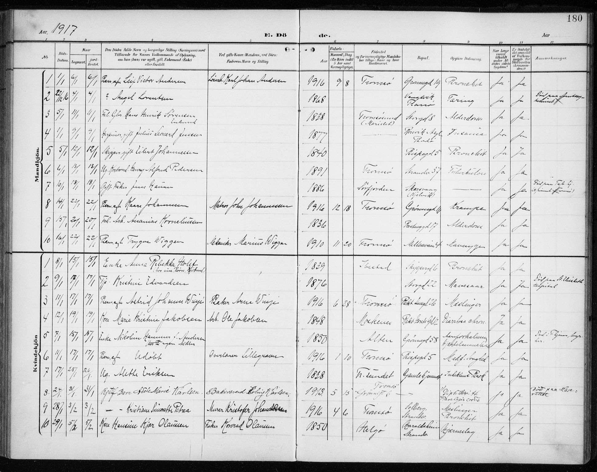 Tromsø sokneprestkontor/stiftsprosti/domprosti, AV/SATØ-S-1343/G/Ga/L0018kirke: Parish register (official) no. 18, 1907-1917, p. 180