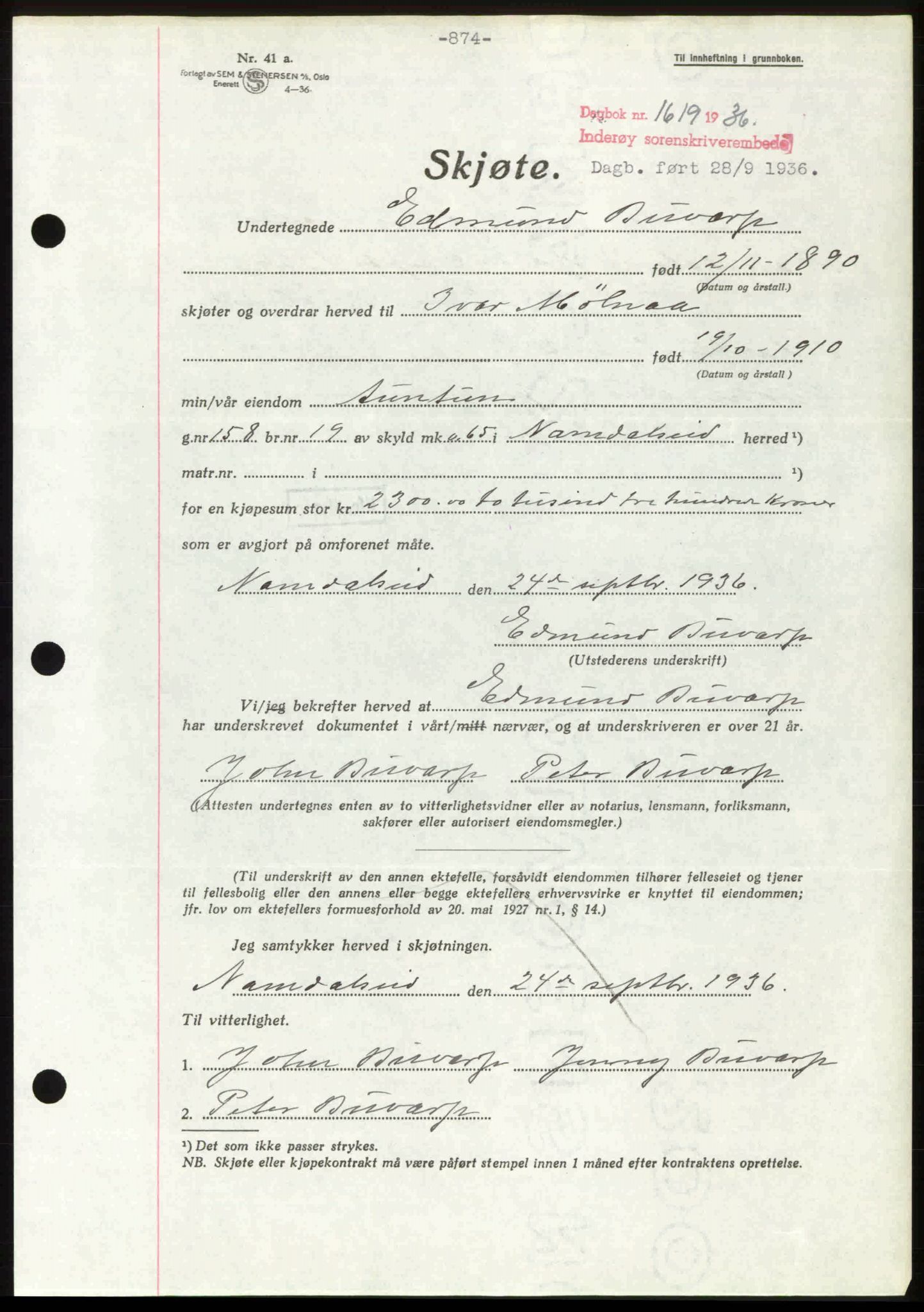 Inderøy sorenskriveri, AV/SAT-A-4147/1/2/2C: Mortgage book no. A 1, 1936-1936, p. 874, Diary no: : 1619/1936