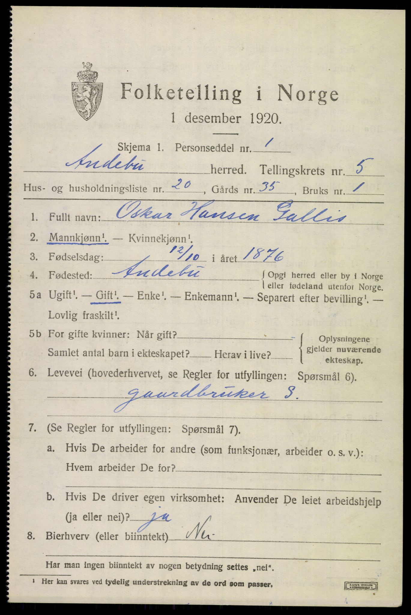 SAKO, 1920 census for Andebu, 1920, p. 2830