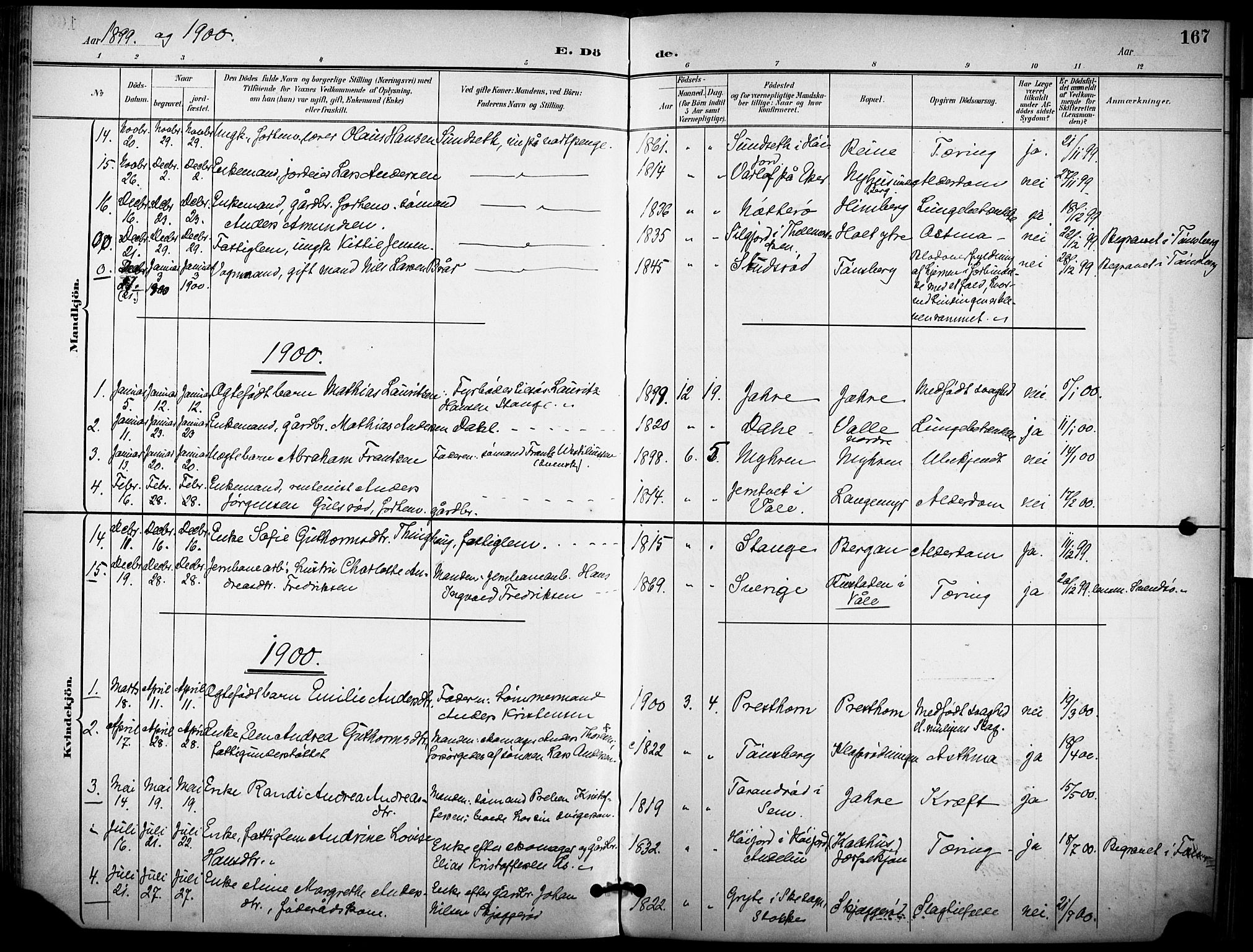 Ramnes kirkebøker, AV/SAKO-A-314/F/Fa/L0008: Parish register (official) no. I 8, 1896-1913, p. 167