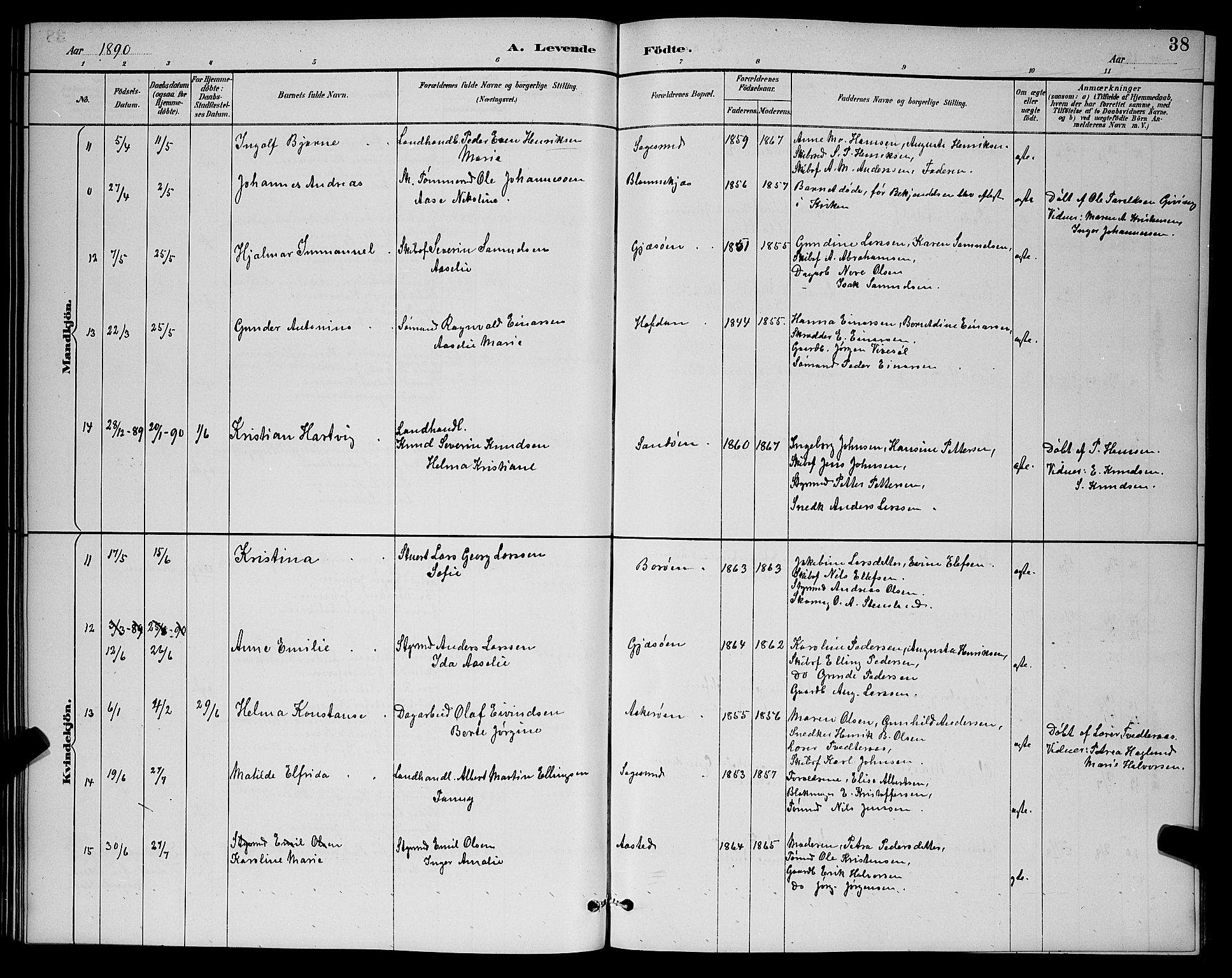 Dypvåg sokneprestkontor, AV/SAK-1111-0007/F/Fb/Fba/L0013: Parish register (copy) no. B 13, 1887-1900, p. 38