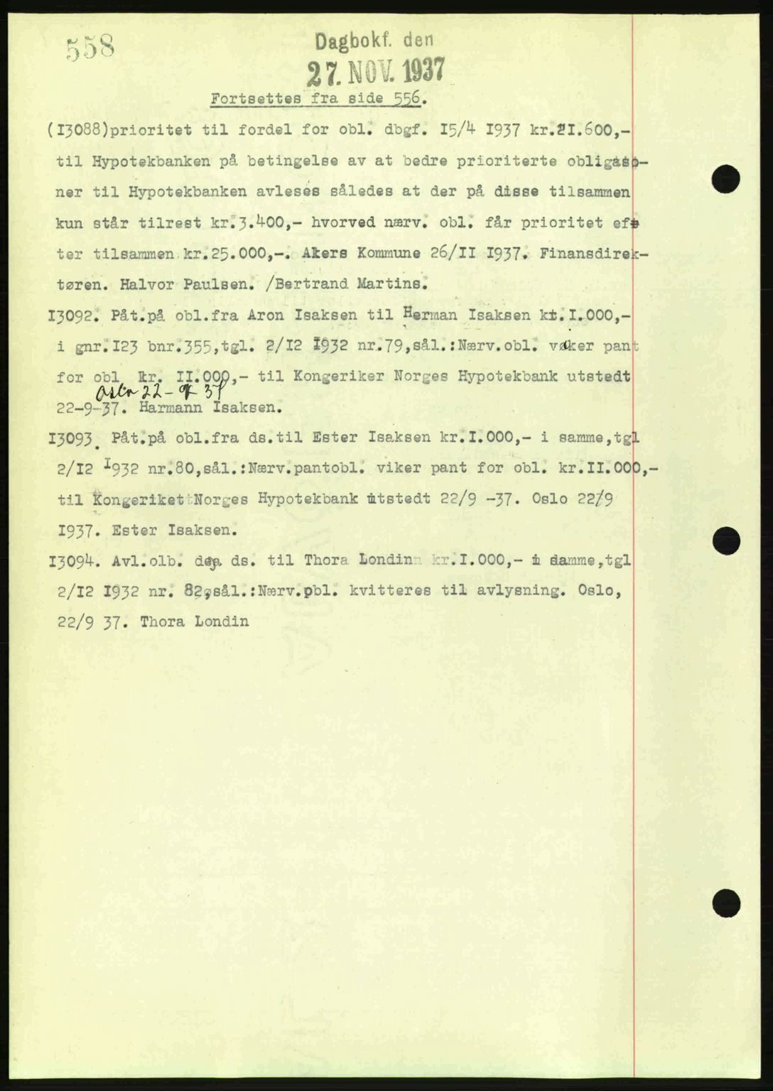 Aker herredsskriveri, SAO/A-10896/G/Gb/Gba/Gbac/L0005: Mortgage book no. B151-152, 1937-1938, Diary no: : 13088/1937