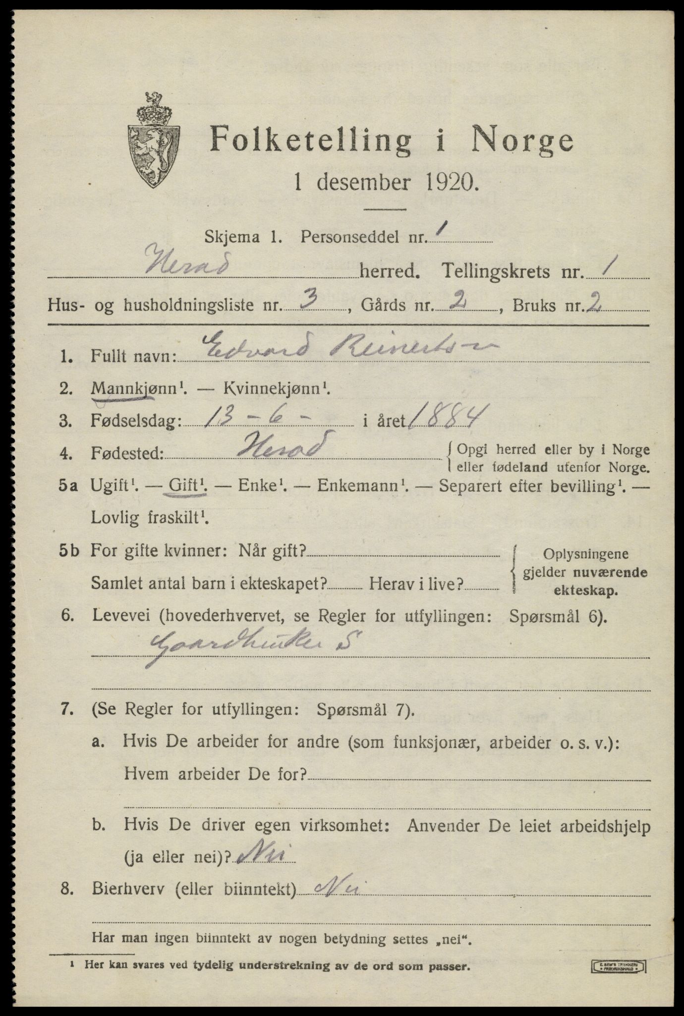 SAK, 1920 census for Herad, 1920, p. 454