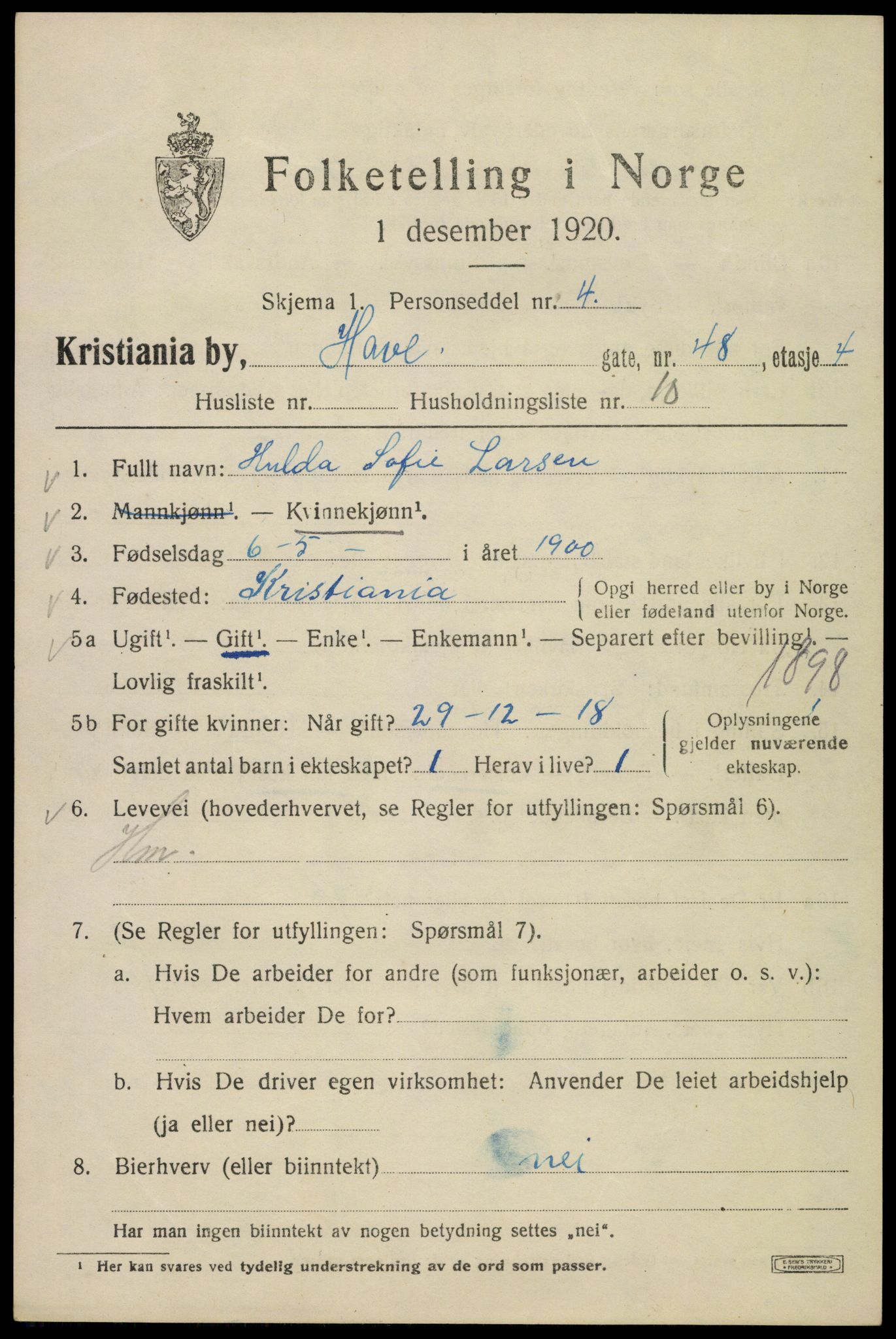 SAO, 1920 census for Kristiania, 1920, p. 276077