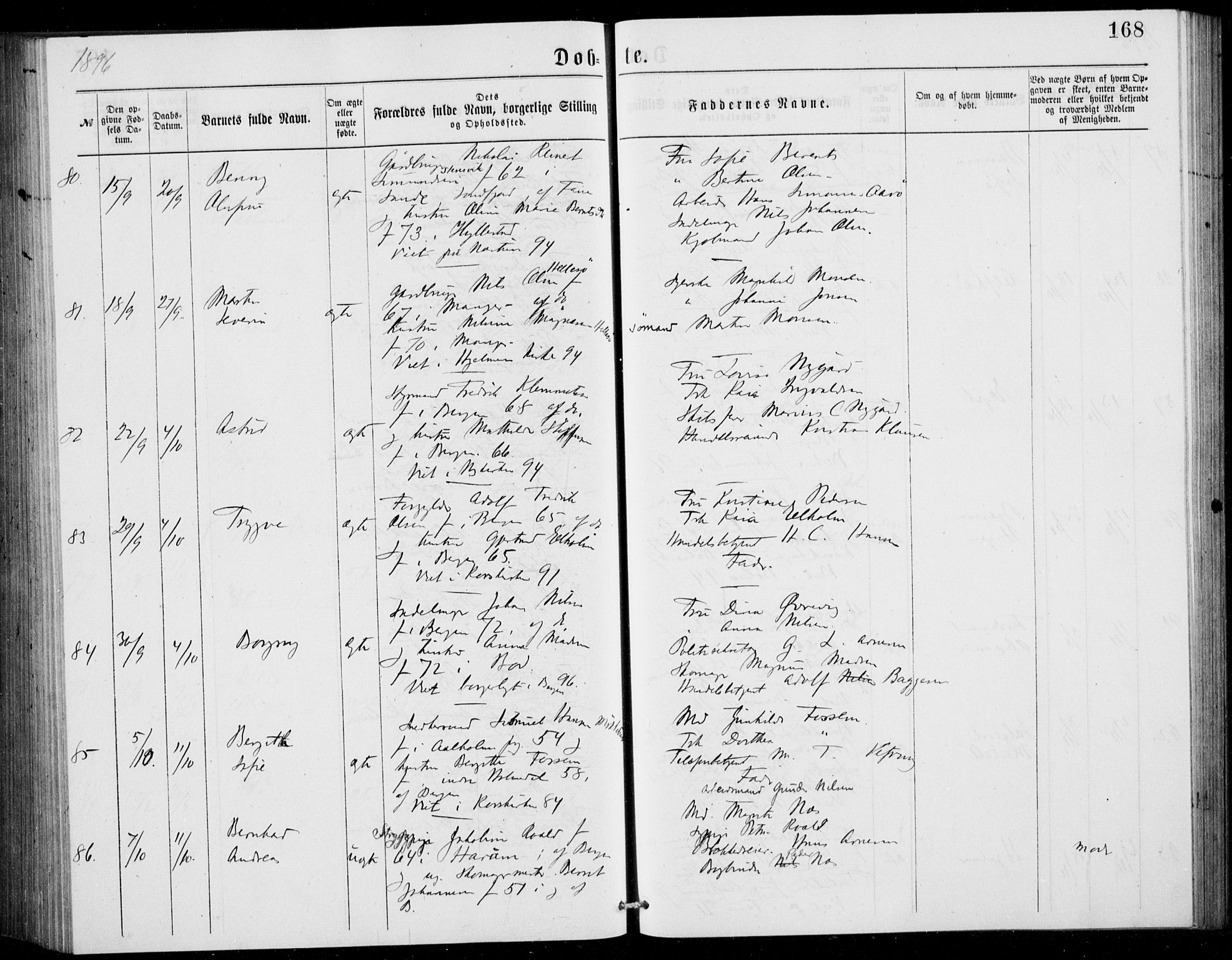 Fødselsstiftelsens sokneprestembete, ført av overlegen*, SAB/-: Parish register (official) no. A 2, 1884-1900, p. 168