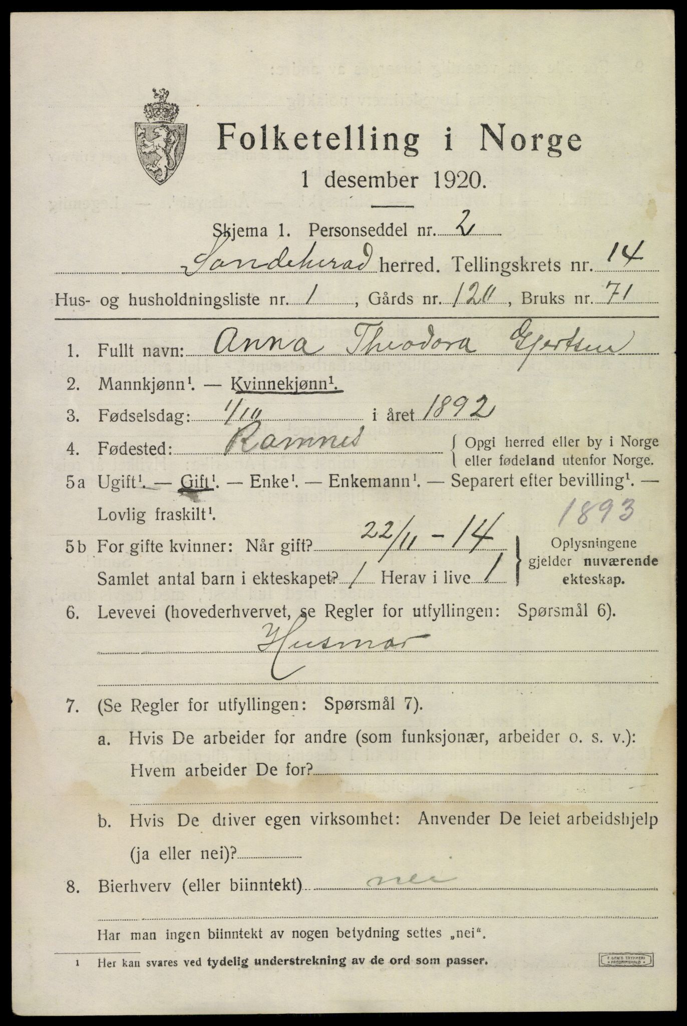 SAKO, 1920 census for Sandeherred, 1920, p. 20176