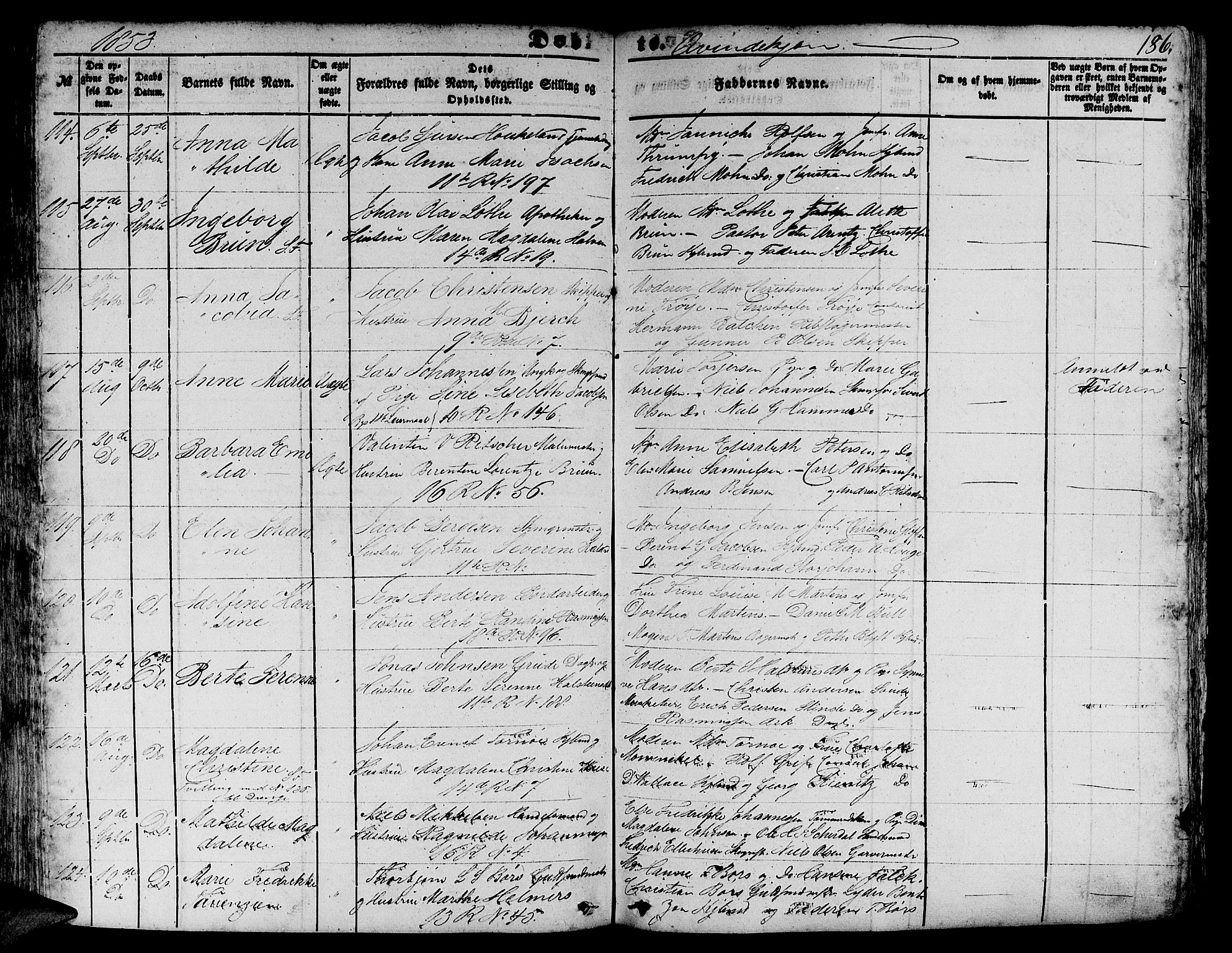 Domkirken sokneprestembete, AV/SAB-A-74801/H/Hab/L0010: Parish register (copy) no. B 3, 1849-1856, p. 186