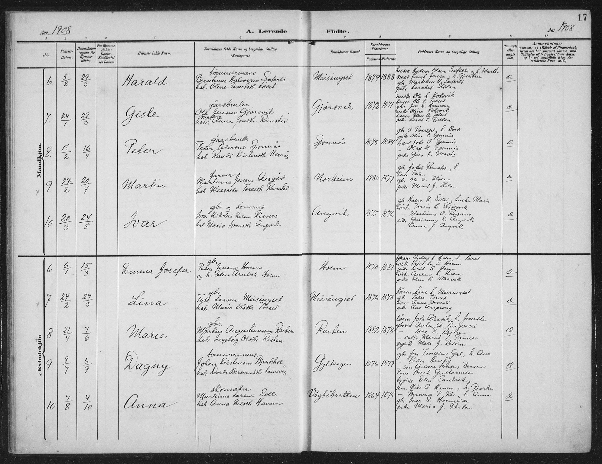 Ministerialprotokoller, klokkerbøker og fødselsregistre - Møre og Romsdal, AV/SAT-A-1454/586/L0989: Parish register (official) no. 586A15, 1906-1915, p. 17