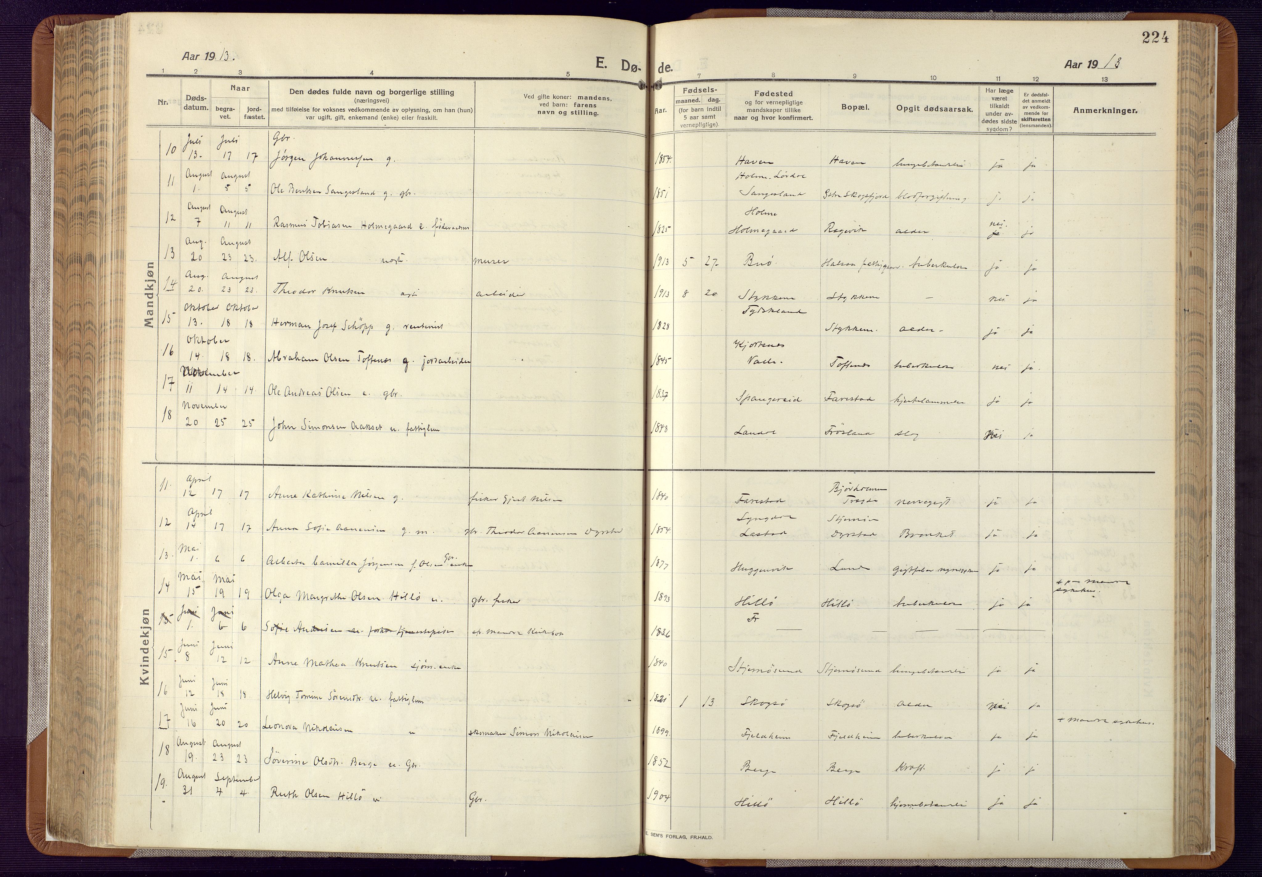 Mandal sokneprestkontor, SAK/1111-0030/F/Fa/Faa/L0022: Parish register (official) no. A 22, 1913-1925, p. 224