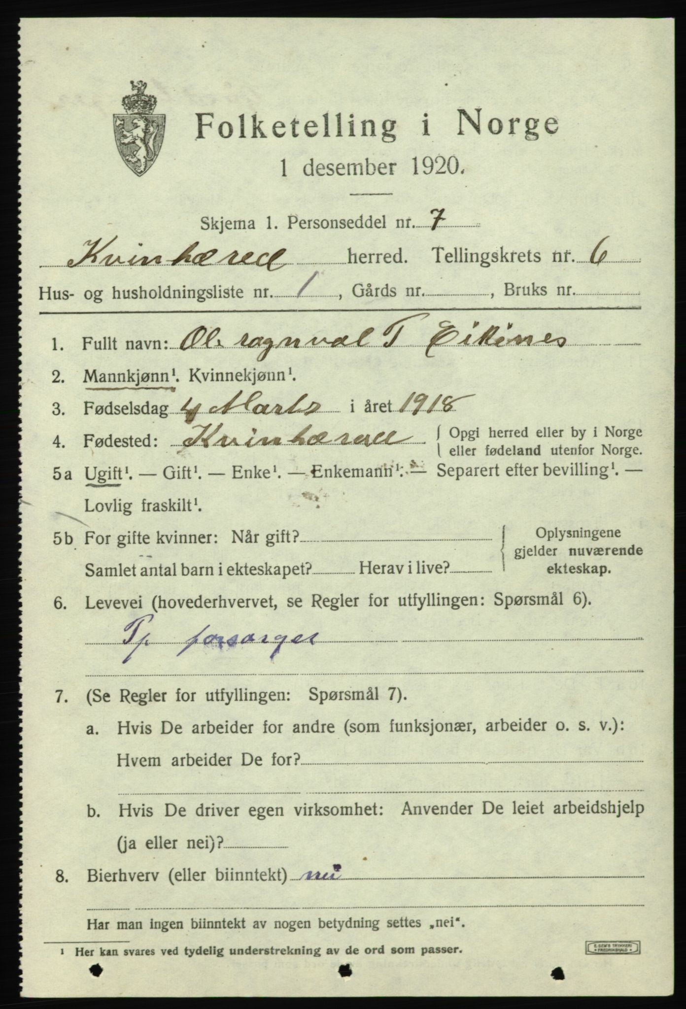 SAB, 1920 census for Kvinnherad, 1920, p. 6230