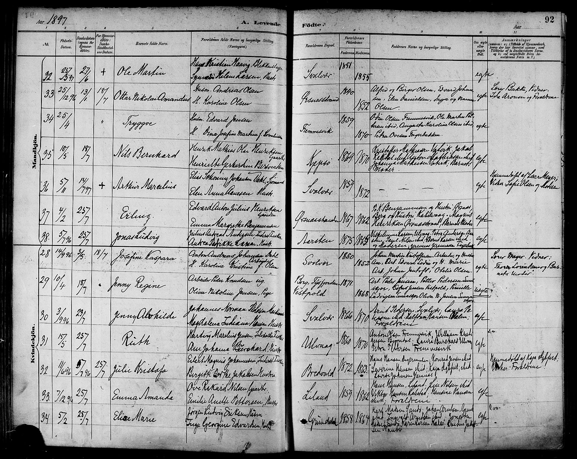 Ministerialprotokoller, klokkerbøker og fødselsregistre - Nordland, AV/SAT-A-1459/874/L1060: Parish register (official) no. 874A04, 1890-1899, p. 92