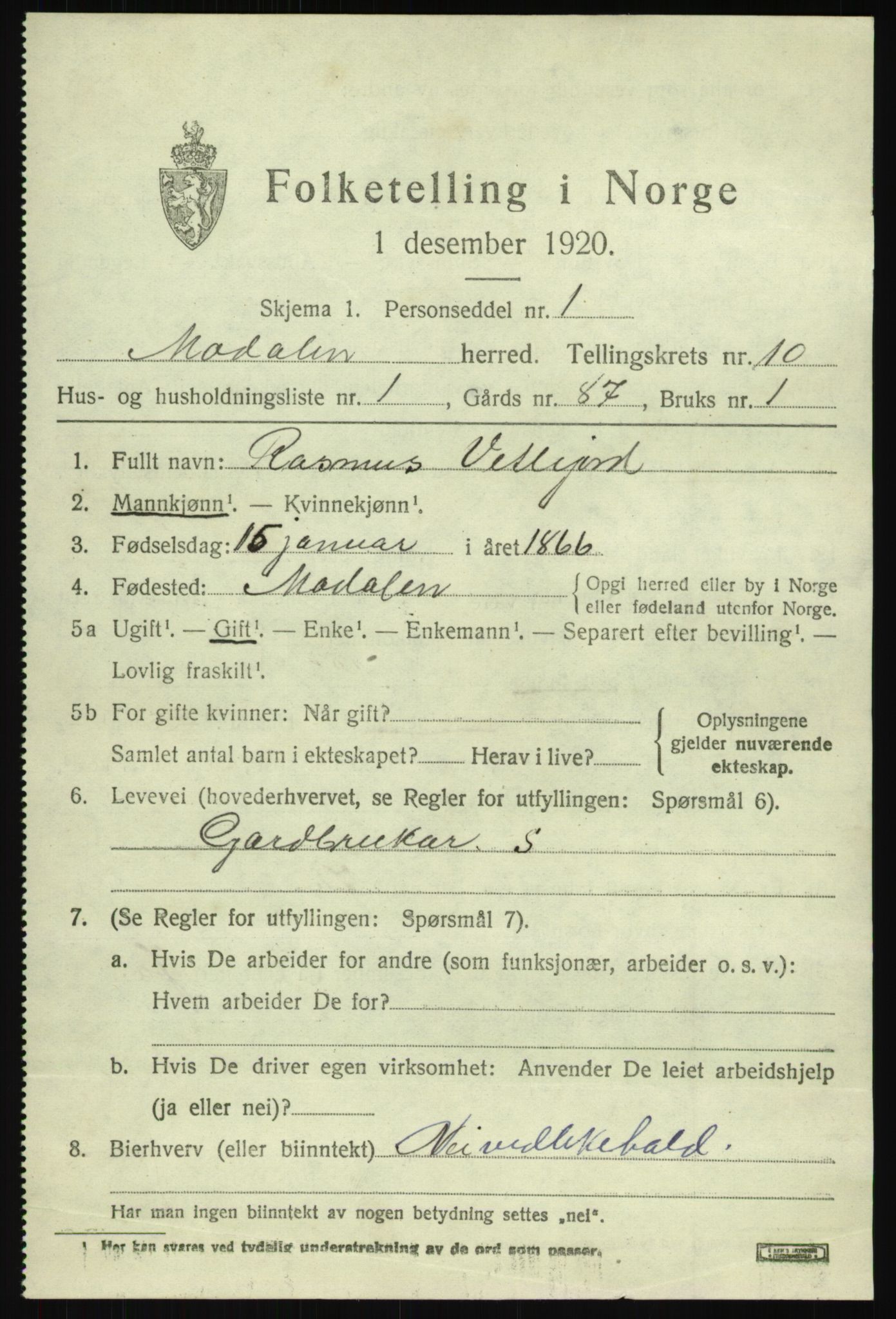 SAB, 1920 census for Modalen, 1920, p. 1752