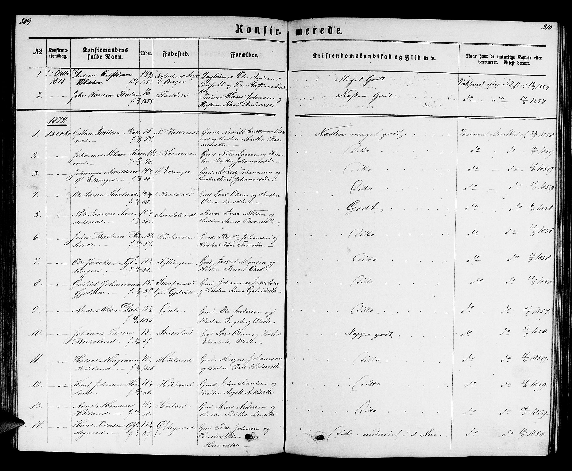 Hamre sokneprestembete, SAB/A-75501/H/Ha/Hab: Parish register (copy) no. B 2, 1863-1880, p. 309-310